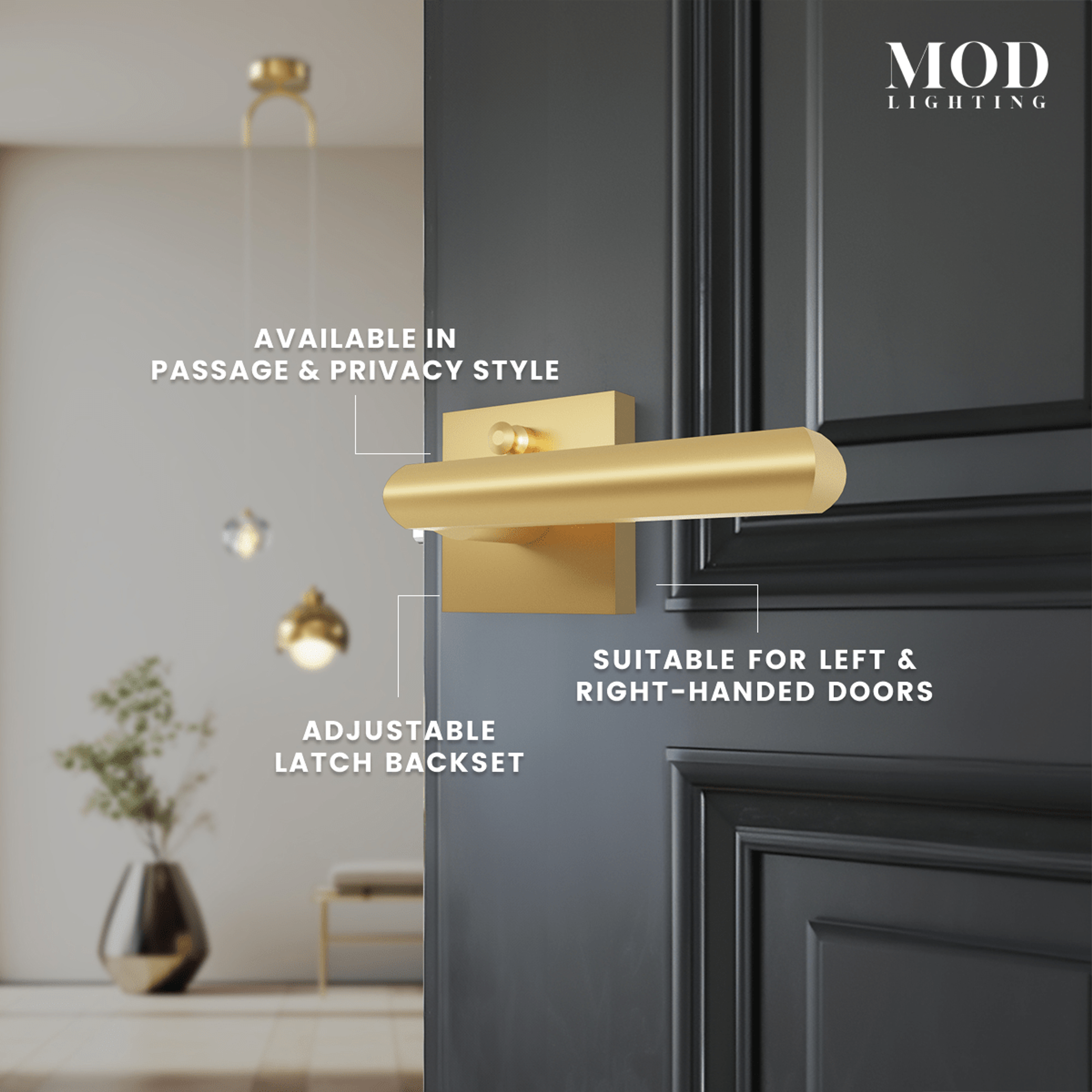 Lennox brushed-gold door lever on a dark door, callouts for passage and privacy styles and left or right-hand use