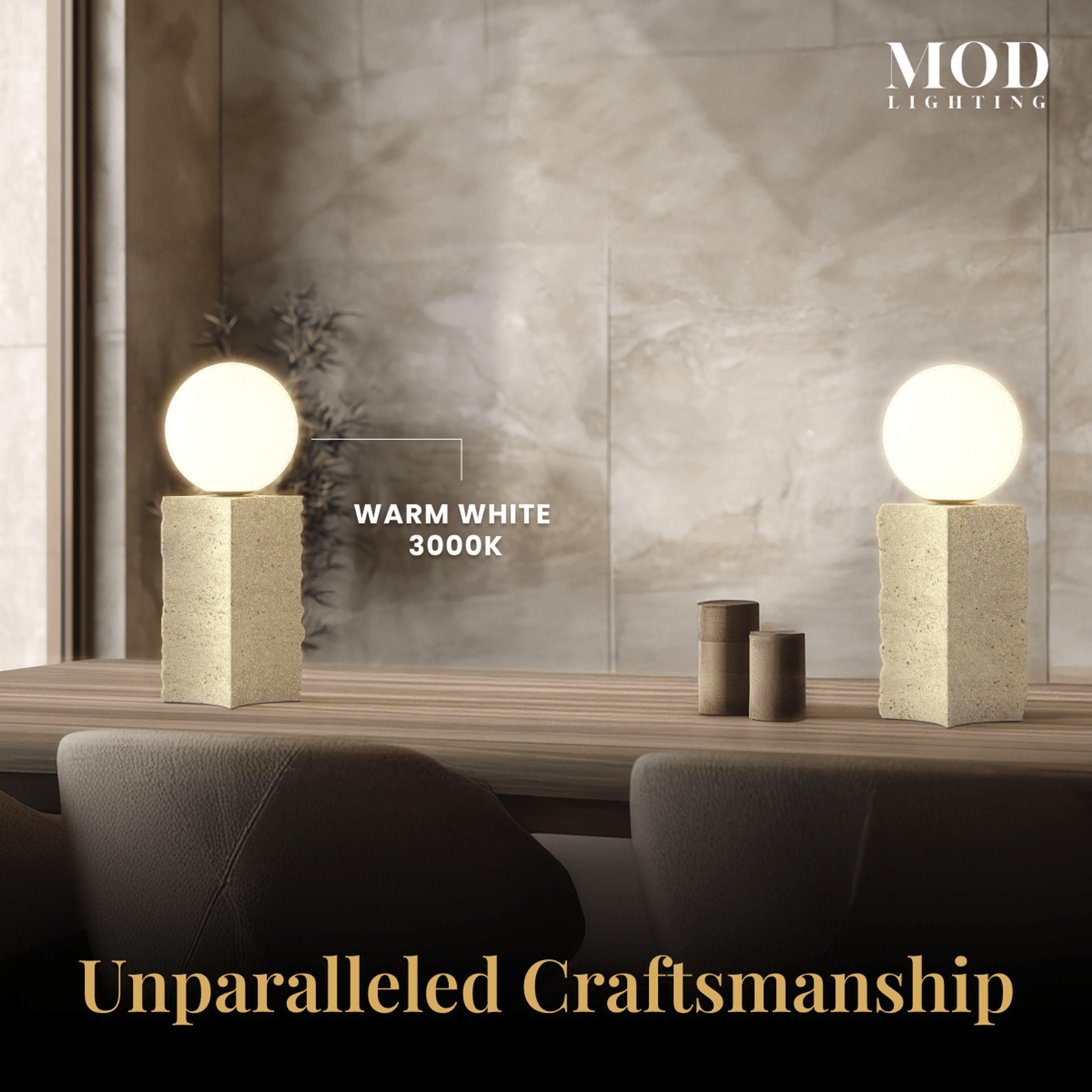 Arabella travertine stone table lamps, rectangular column bases with white glass globes, pair on a console, warm white