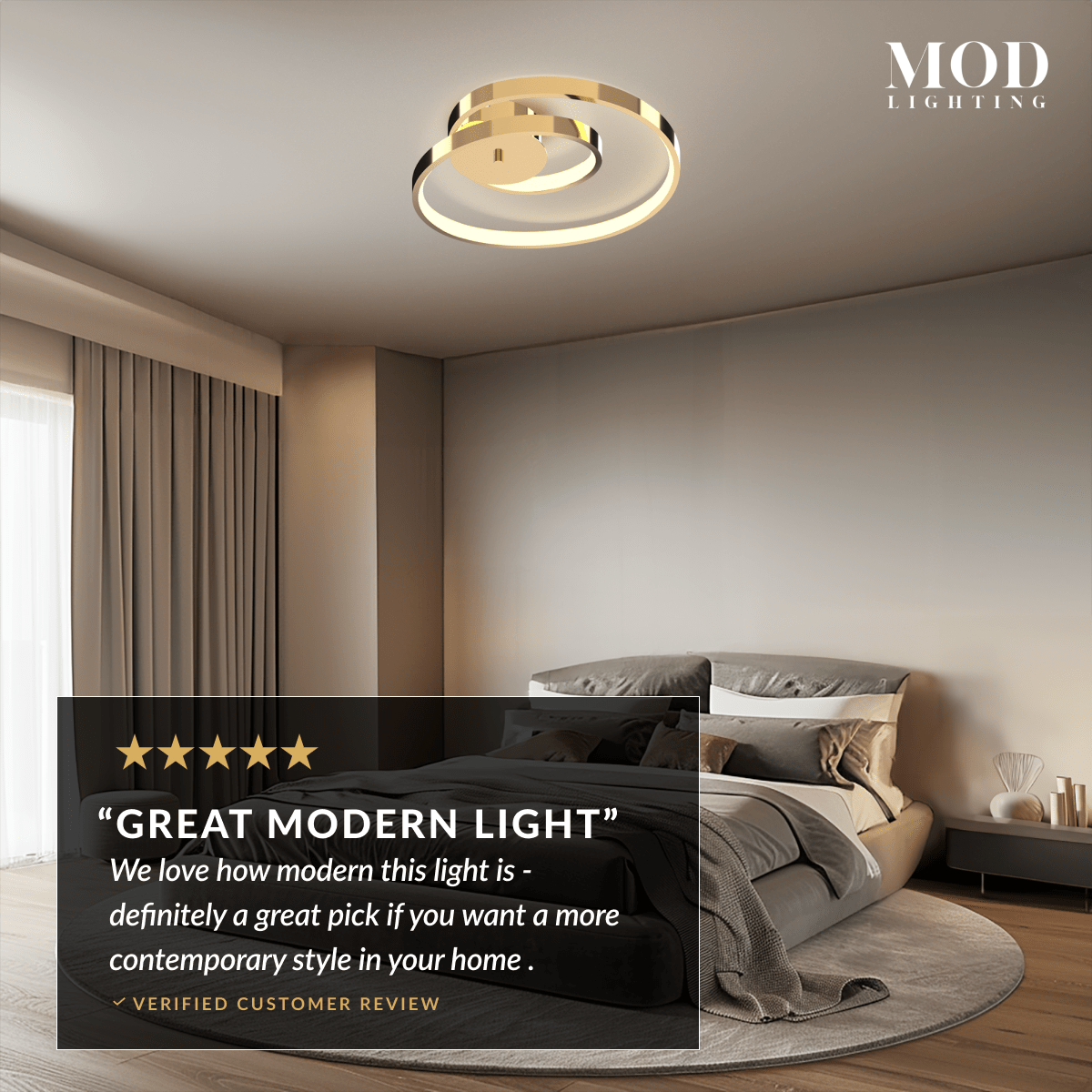 Elise gold spiral-ring flush-mount ceiling light in a modern bedroom