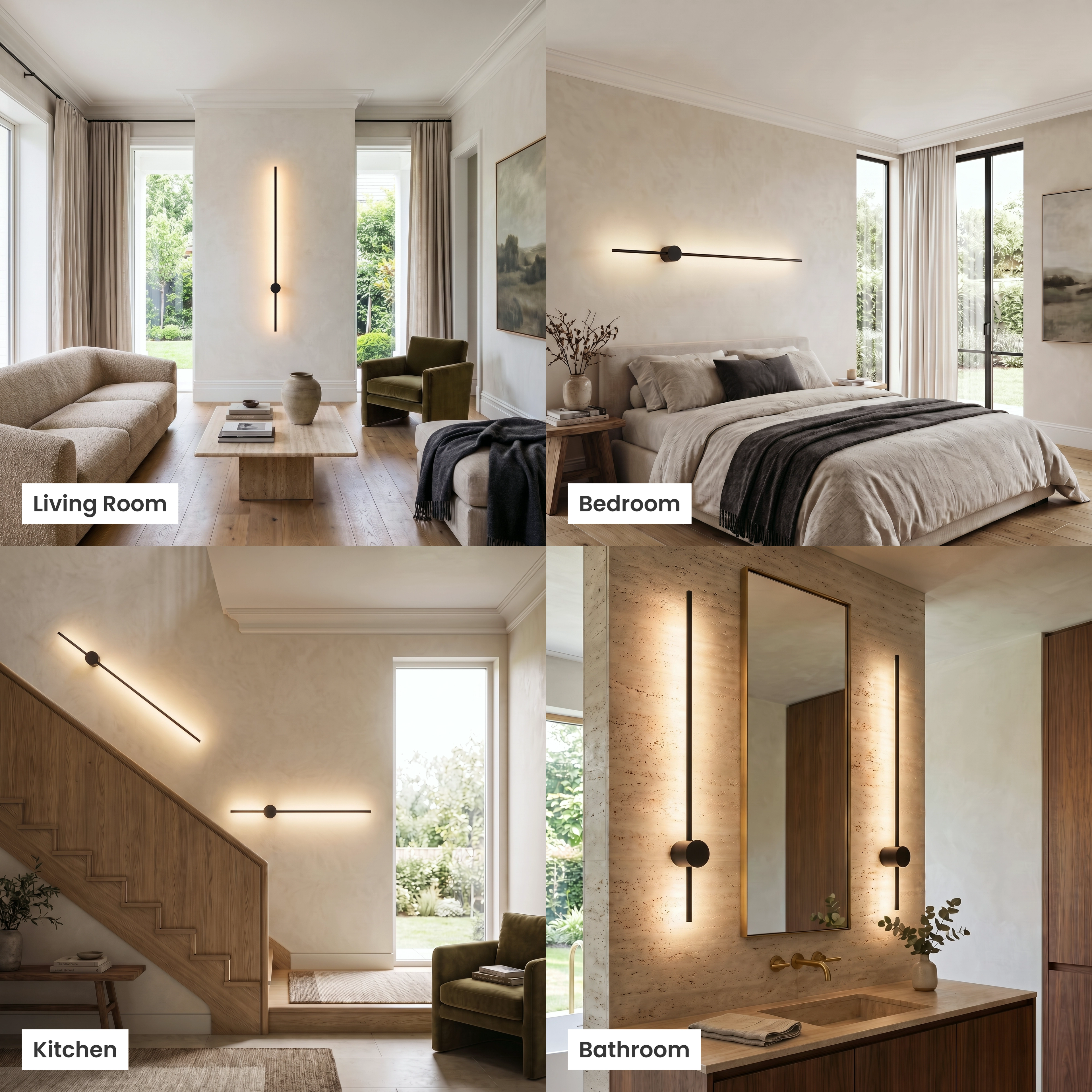 Cadel wall light shown in kitchen, dining room, bedroom, and commercial settings; slim linear bars with pivot joint
