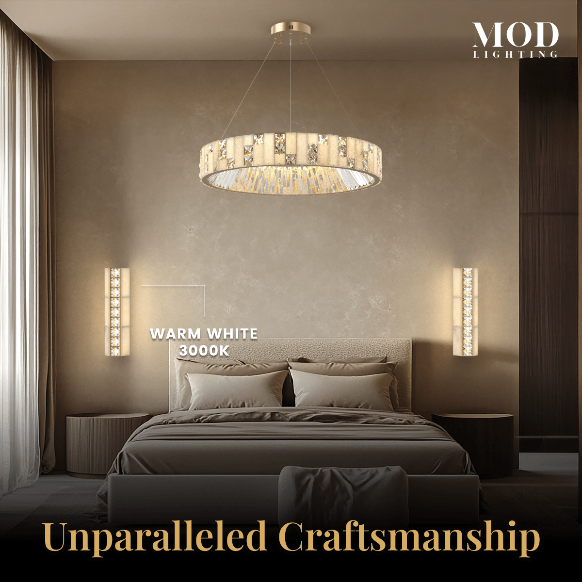 Seraphine Sconce gold alabaster crystal wall lights beside a bed, casting warm white light