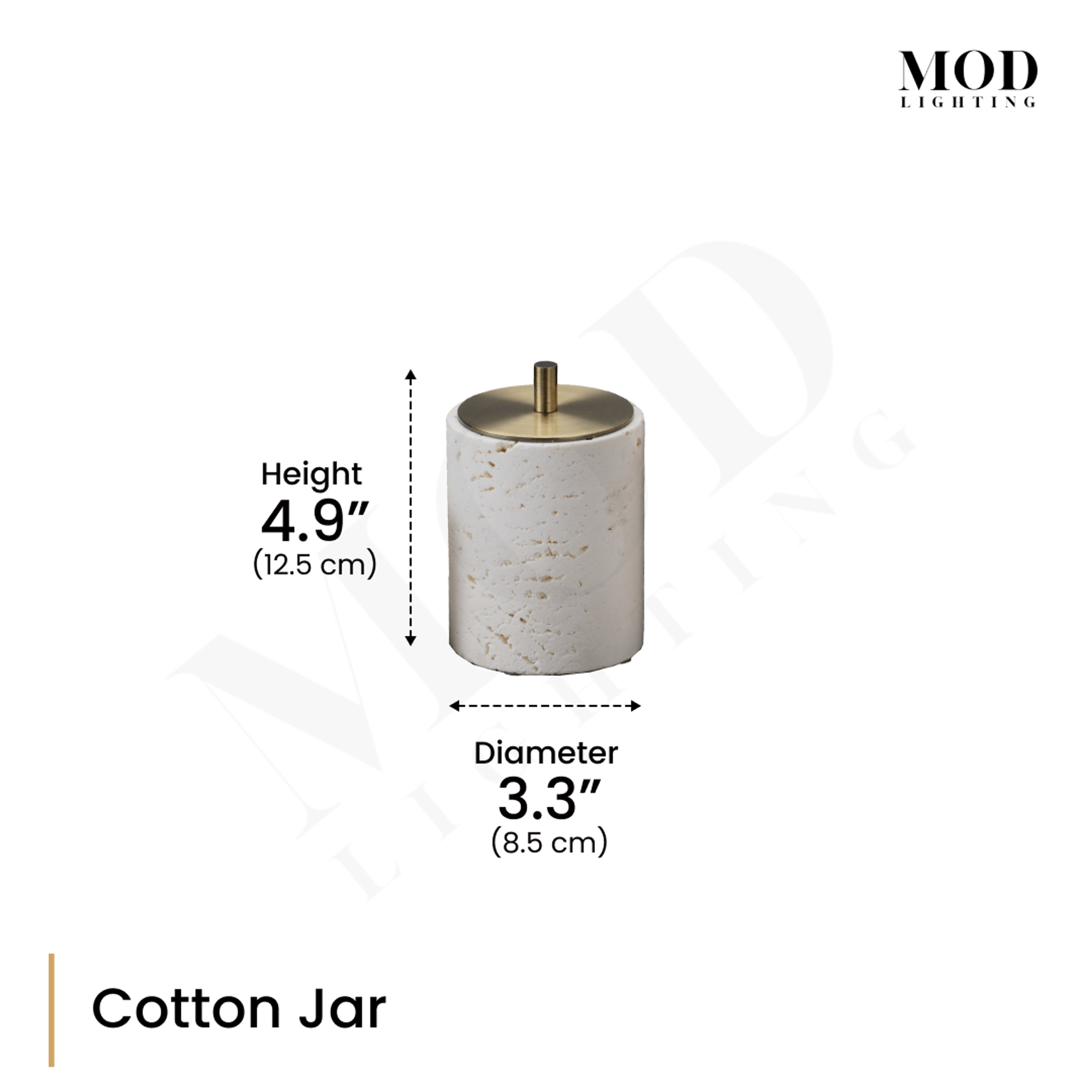 Alabaster Travertine cotton jar, cream stone canister with brass-topped lid, diagram: 4.9 in H, 3.3 in diameter