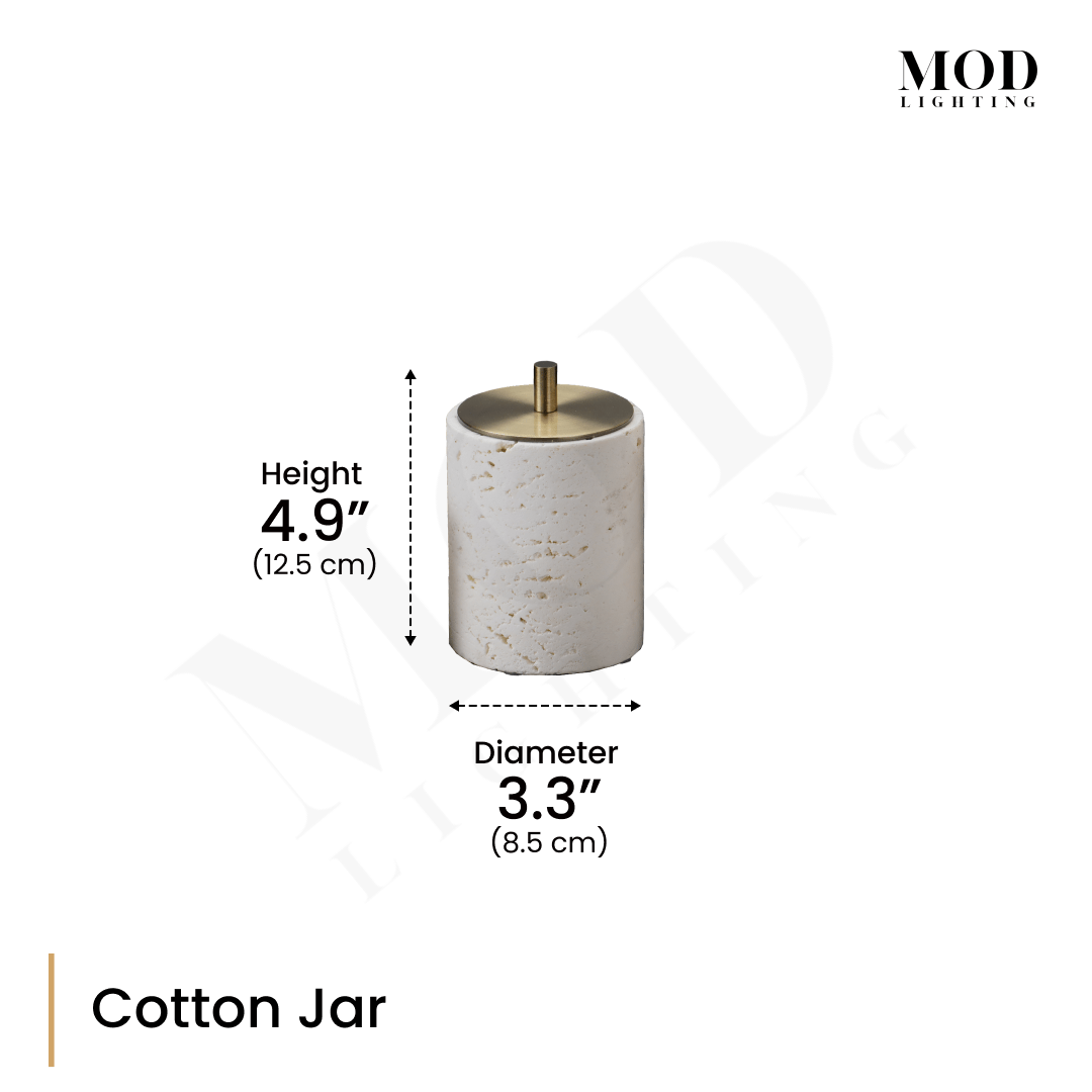 Alabaster Travertine cotton jar, cream stone canister with brass-topped lid, diagram: 4.9 in H, 3.3 in diameter