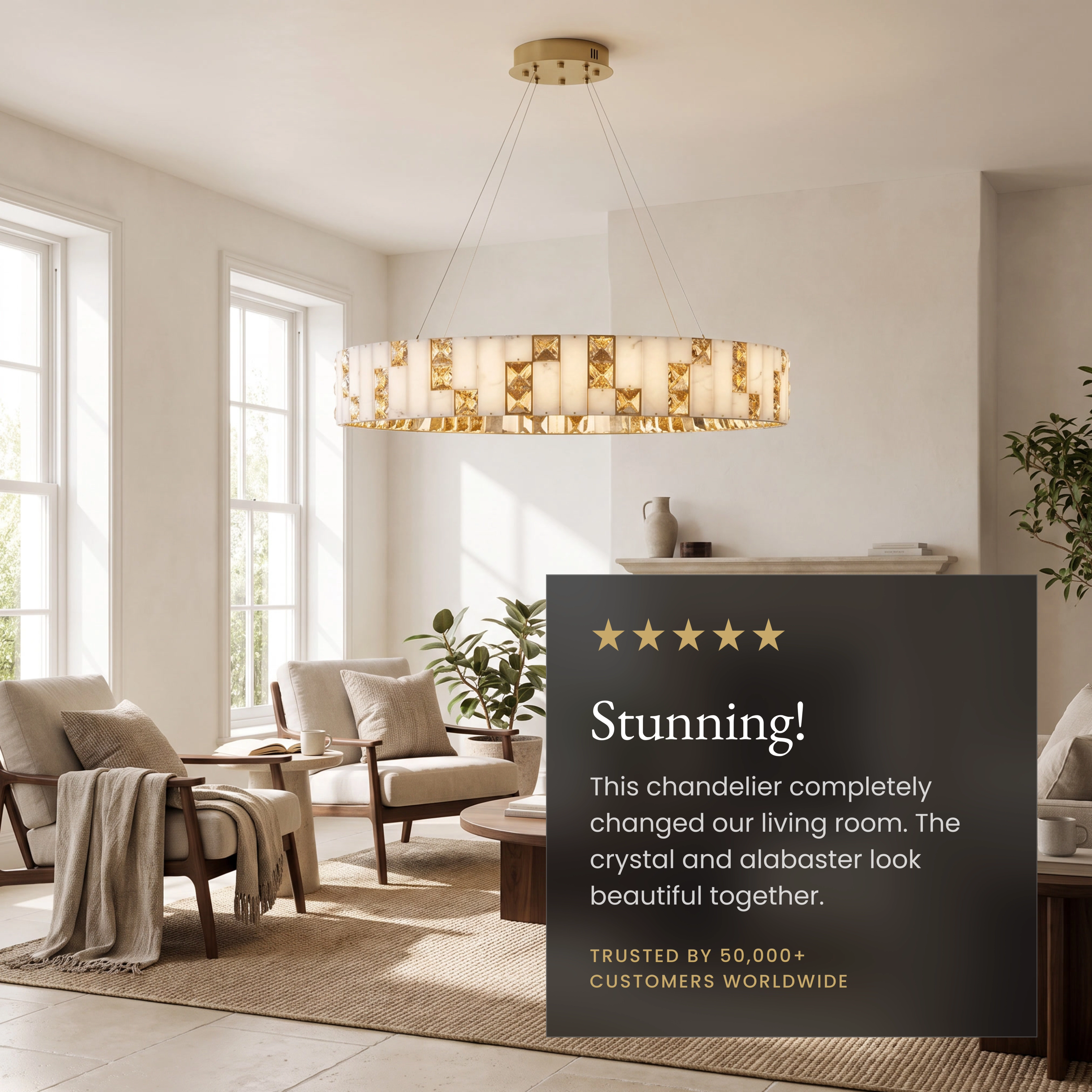 Seraphine gold and crystal alabaster drum chandelier glowing warm white in a wood-panelled room