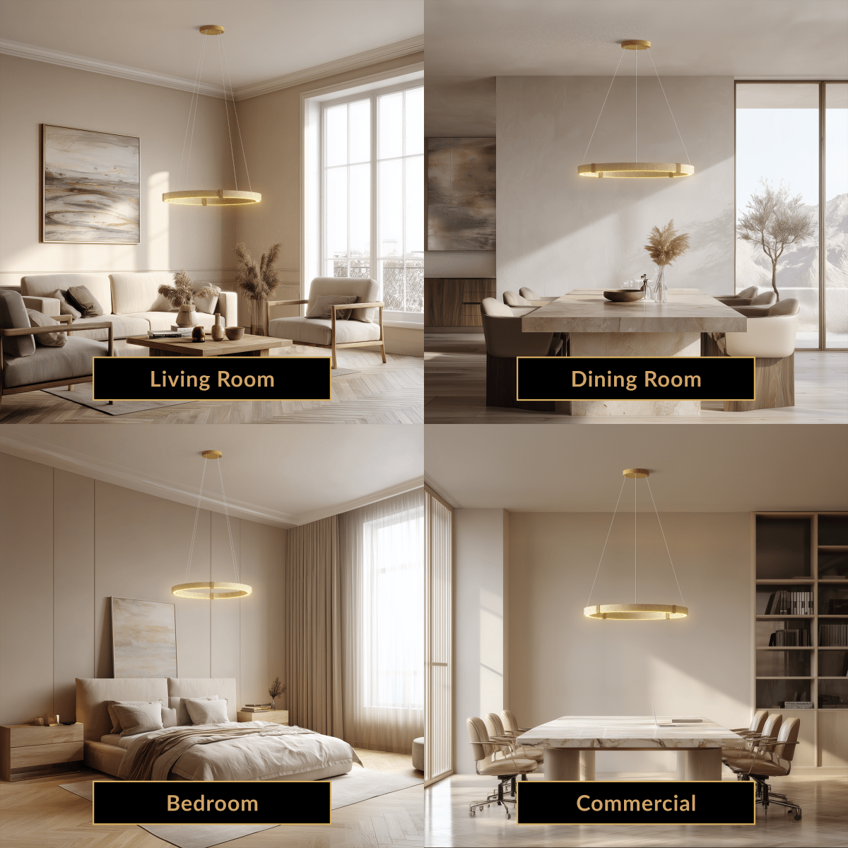 Arabella travertine stone chandelier, gold ring pendant, staged in living room, dining room, bedroom and commercial spaces