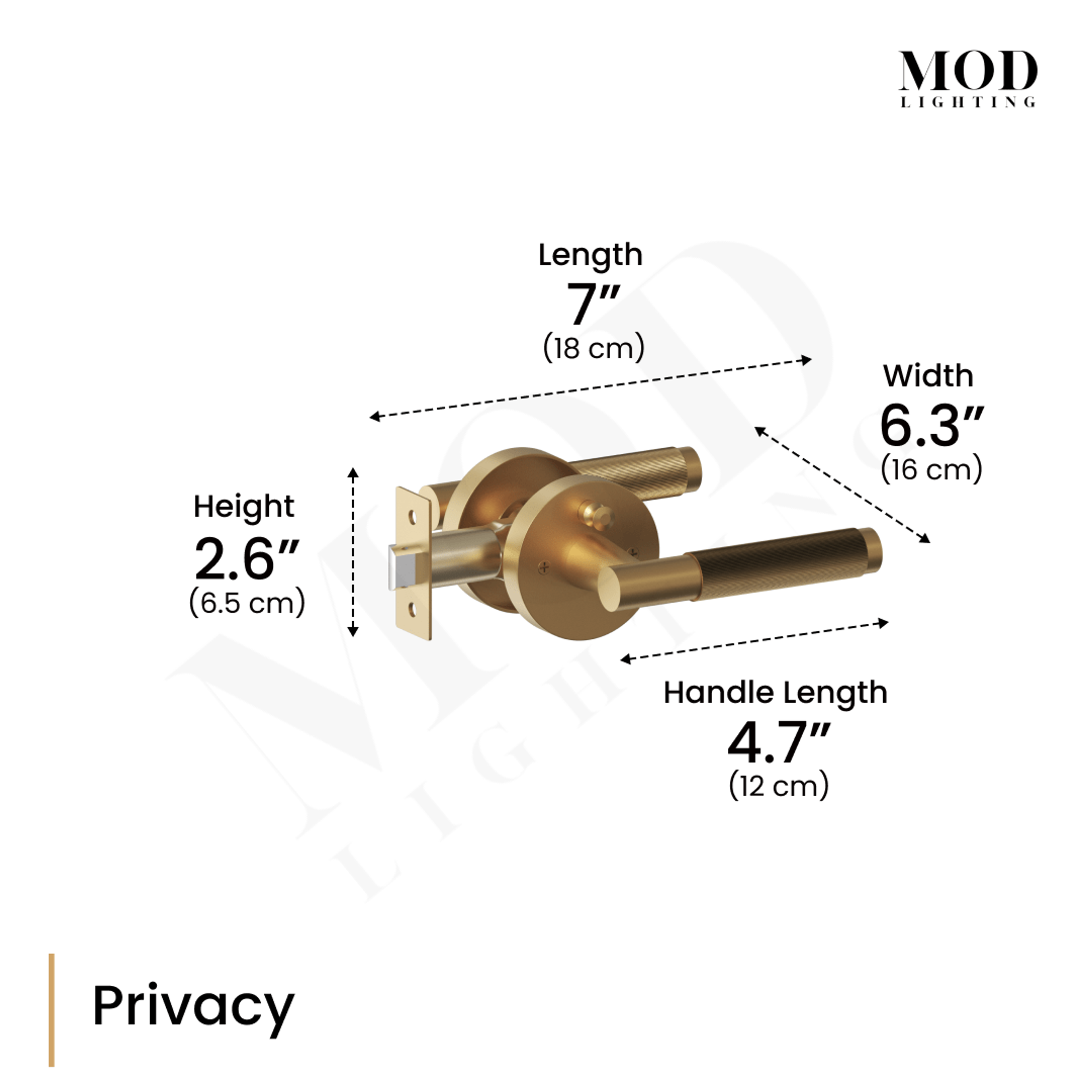 Carrington privacy-set dimension diagram, brushed-gold knurled lever with lock and 7 in length, 4.7 in callouts