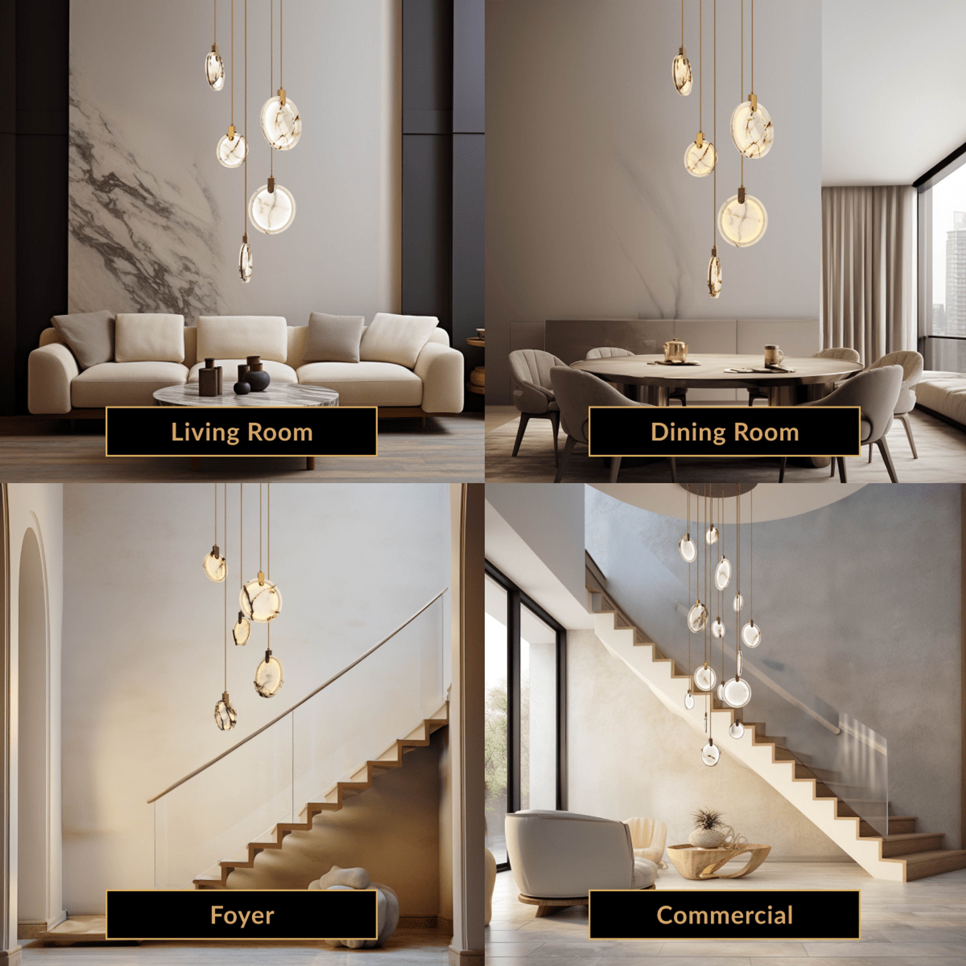 Marble alabaster-disc pendant cluster shown across living room, dining room, foyer and commercial settings