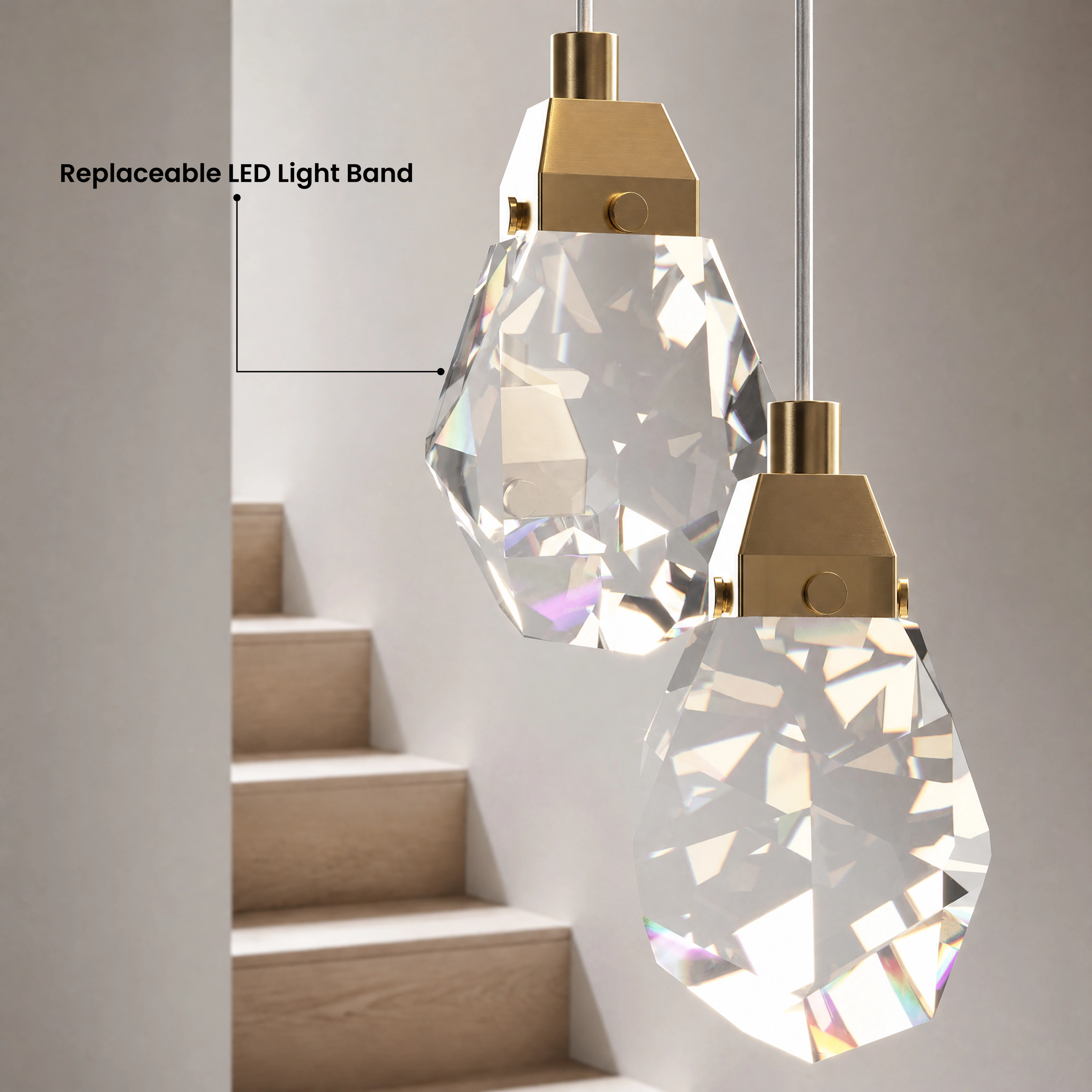 Hailstone cascading crystal-drop chandelier spiraling down a staircase, warm white 3000K, seven sizes
