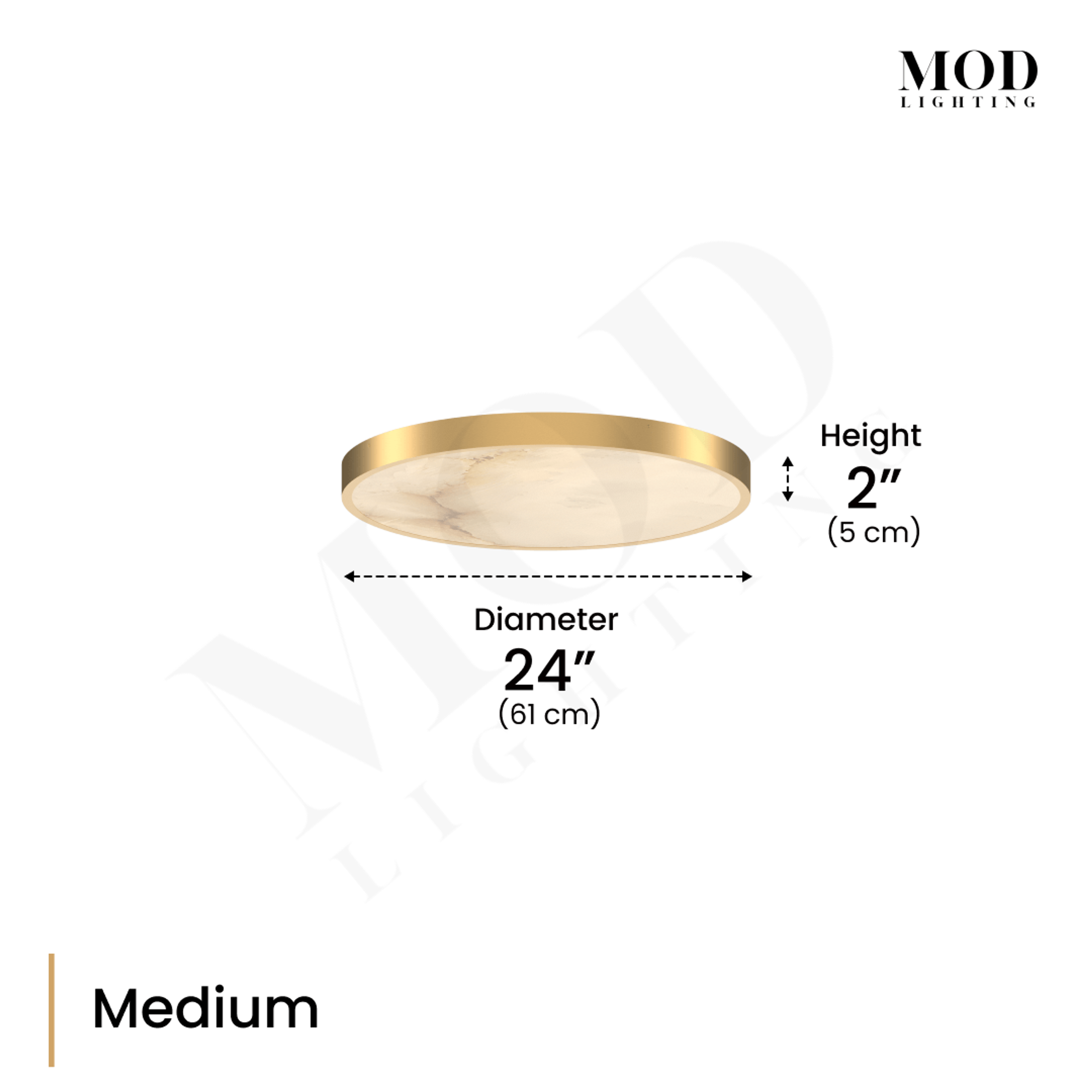 Celia ceiling light dimension diagram, gold-rimmed alabaster disc, 24 inch diameter and 2 inch height, medium size