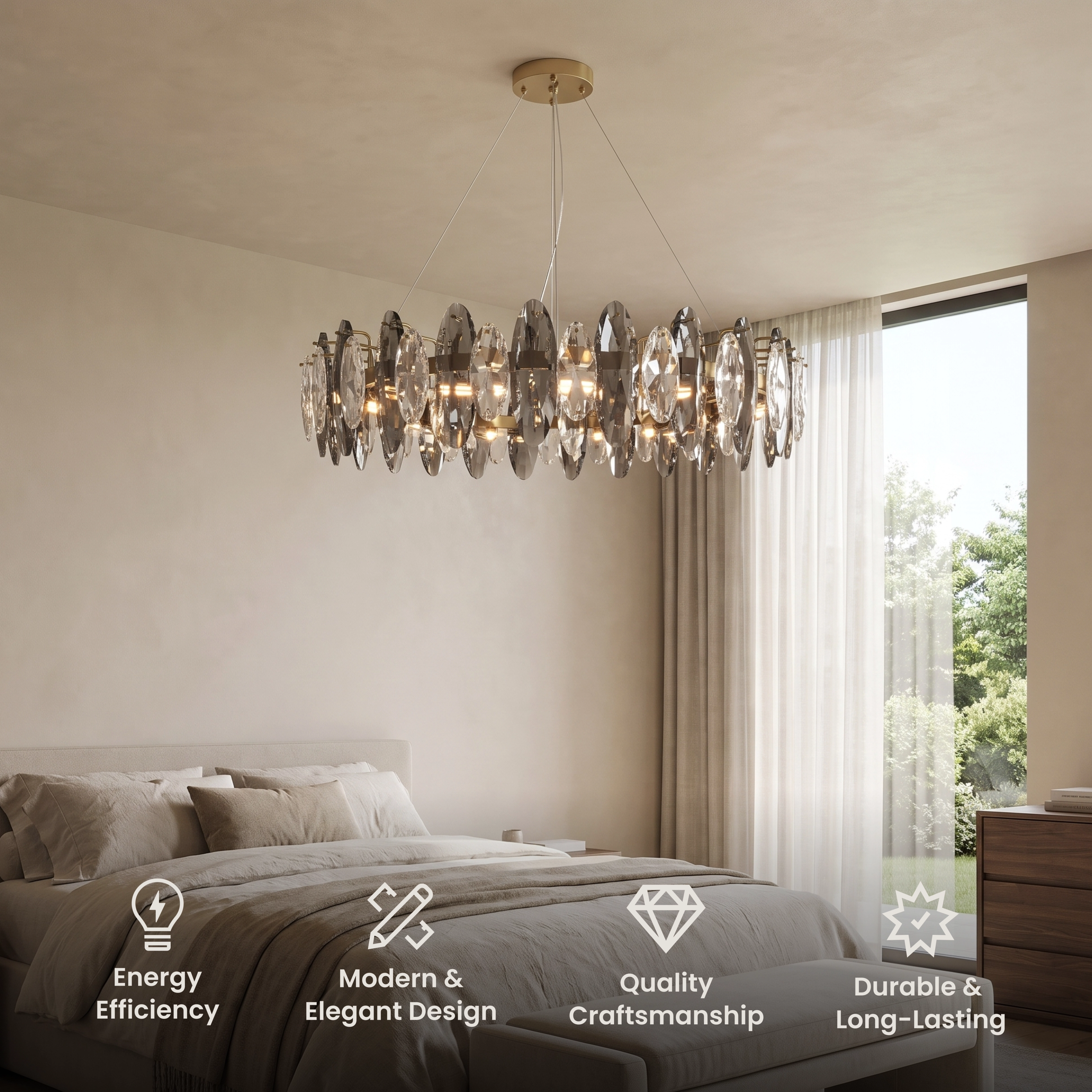 Celestial smoked-crystal chandelier with matching wall sconces over a dining table in a paneled room