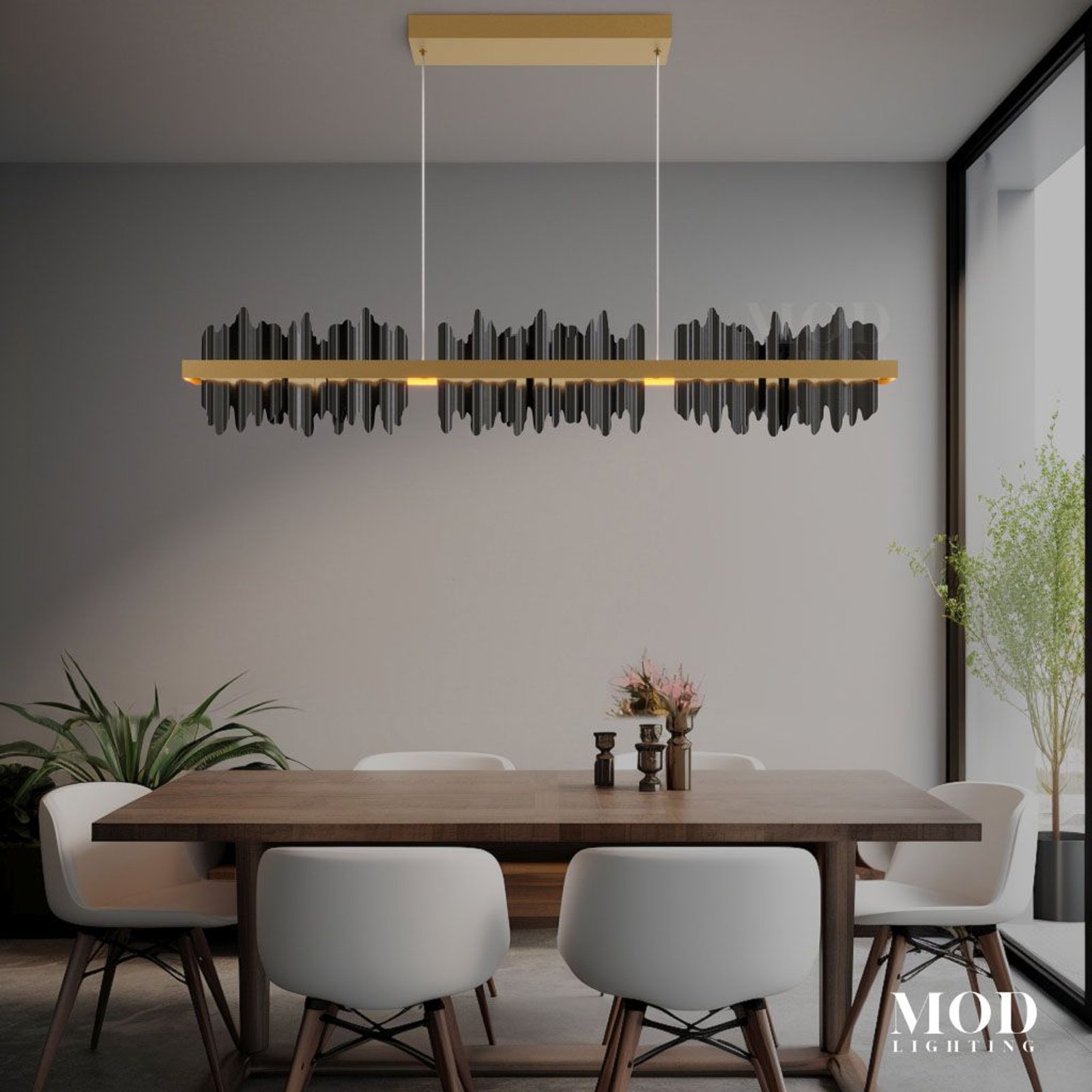 Aurelius Pendant, gold linear bar with dark crystal fringe, over a dining table