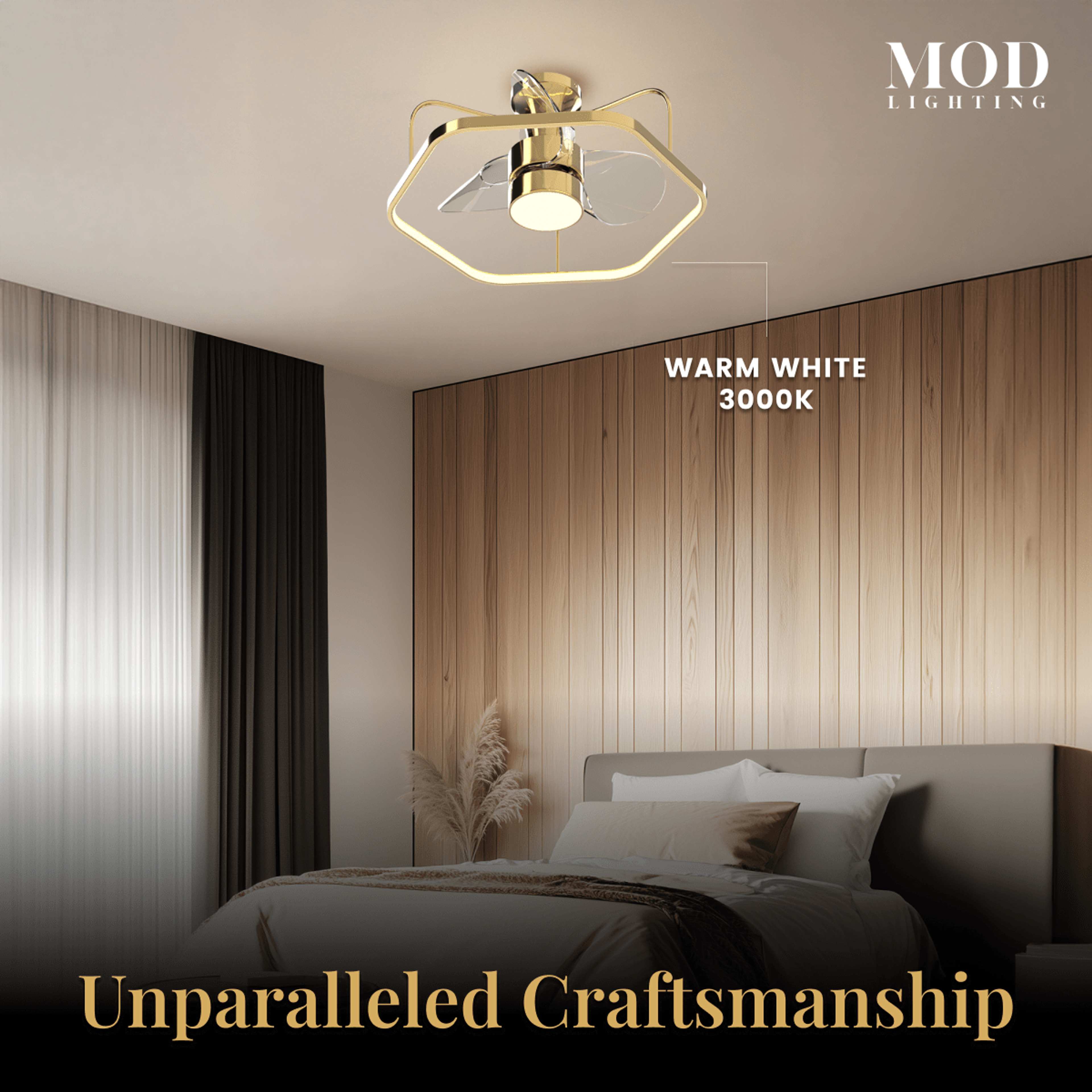 Virelle gold ceiling fan light, hexagonal ring with clear blades and glowing LED band, in a bedroom