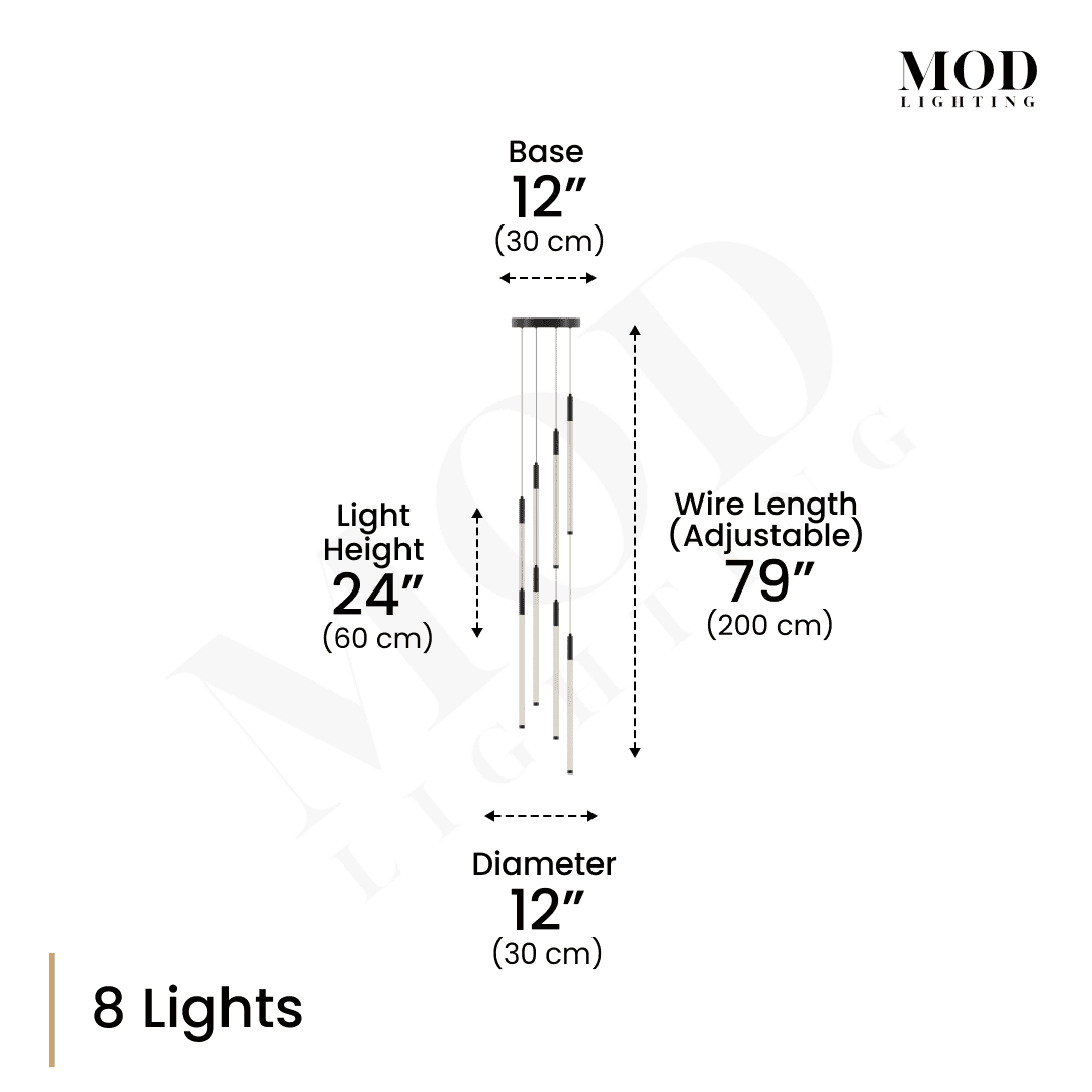 Kasper 8-light dimension diagram: black cascading rods, 24-inch light height, adjustable 79-inch wire