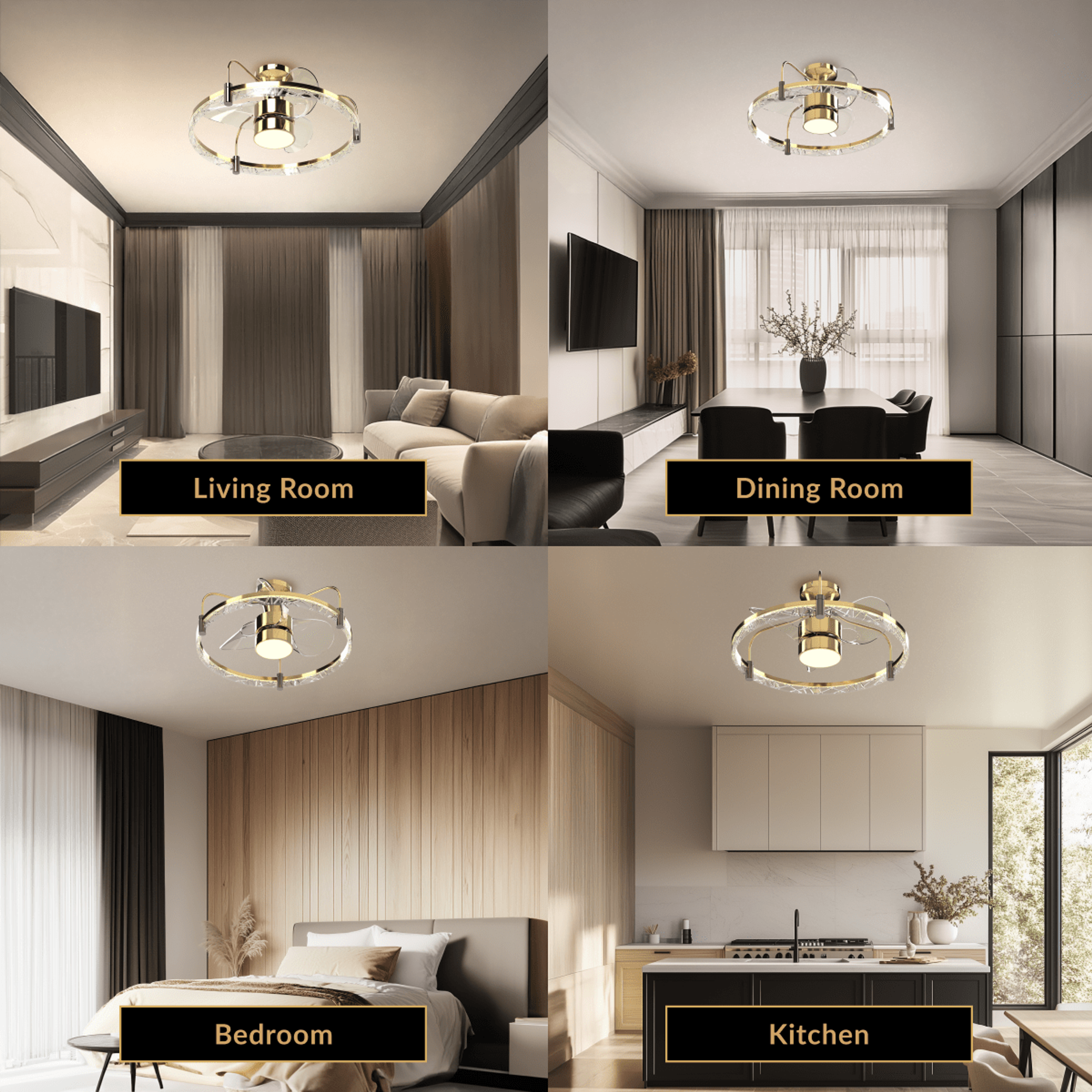 Velora gold ceiling fan light shown installed in a living room, dining room, bedroom and kitchen