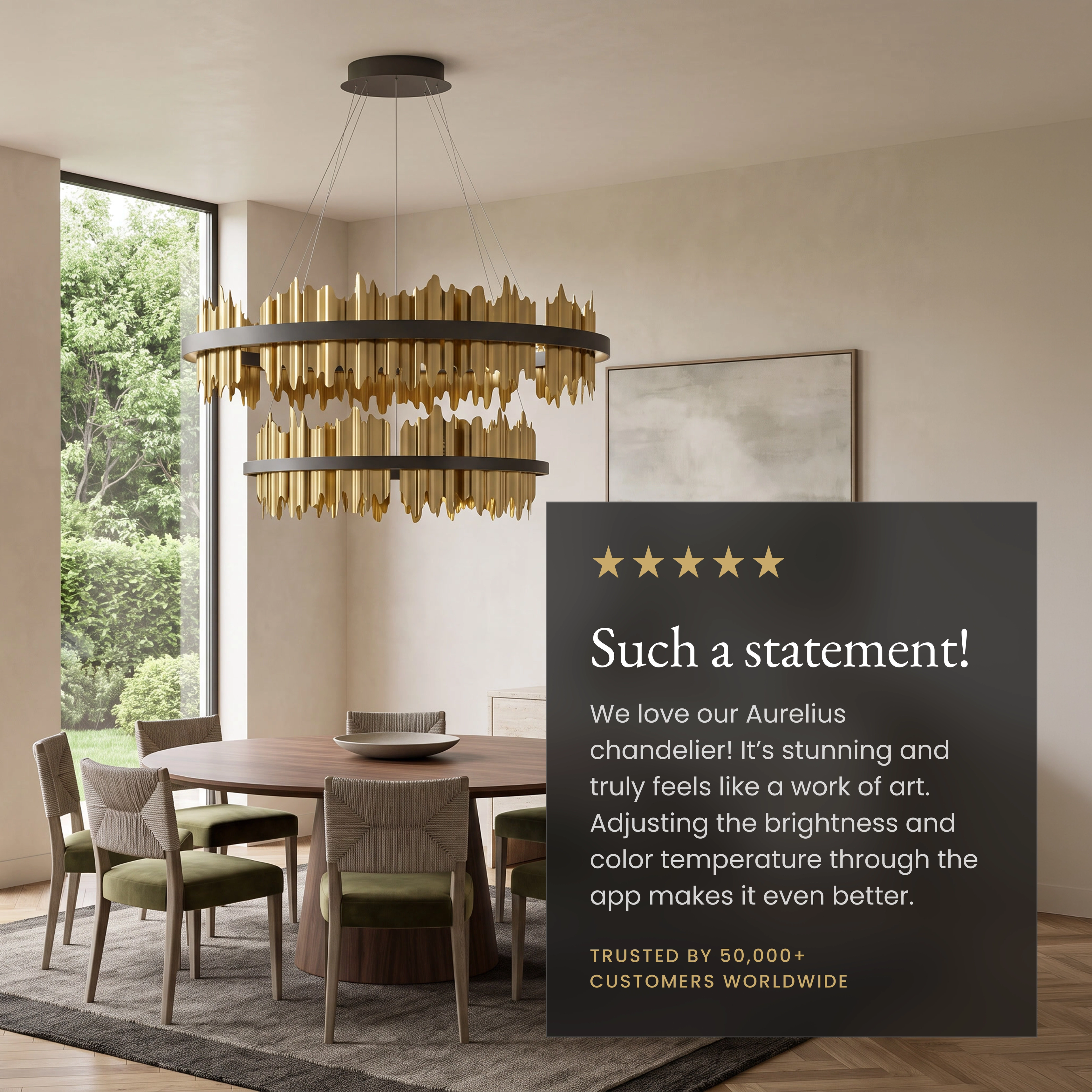 Aurelius Smart gold two-tier chandelier over a dining table with a five-star customer review
