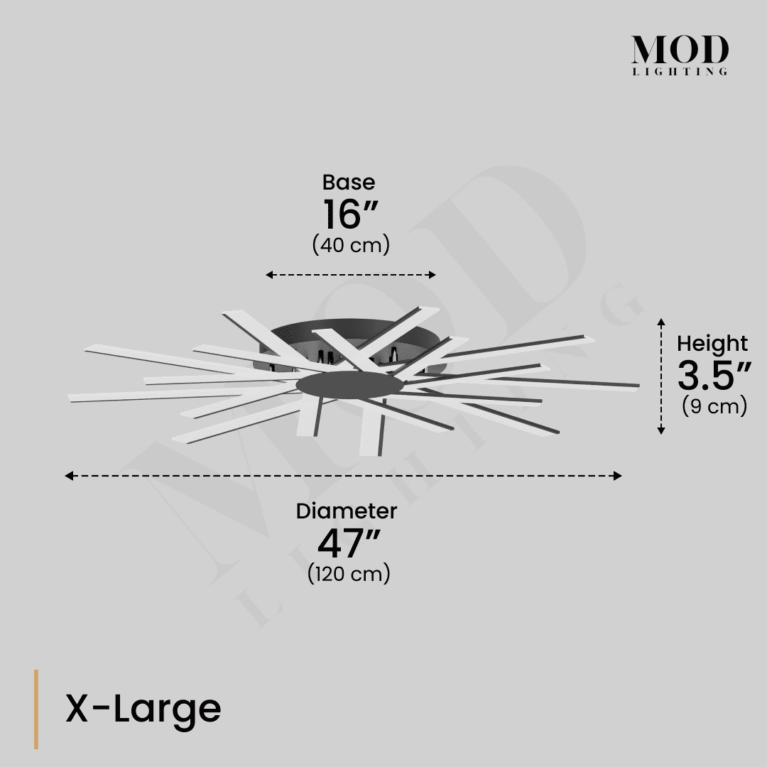 Sparkle ceiling light spec diagram, X-Large: 47" diameter, 16" base, 3.5" height