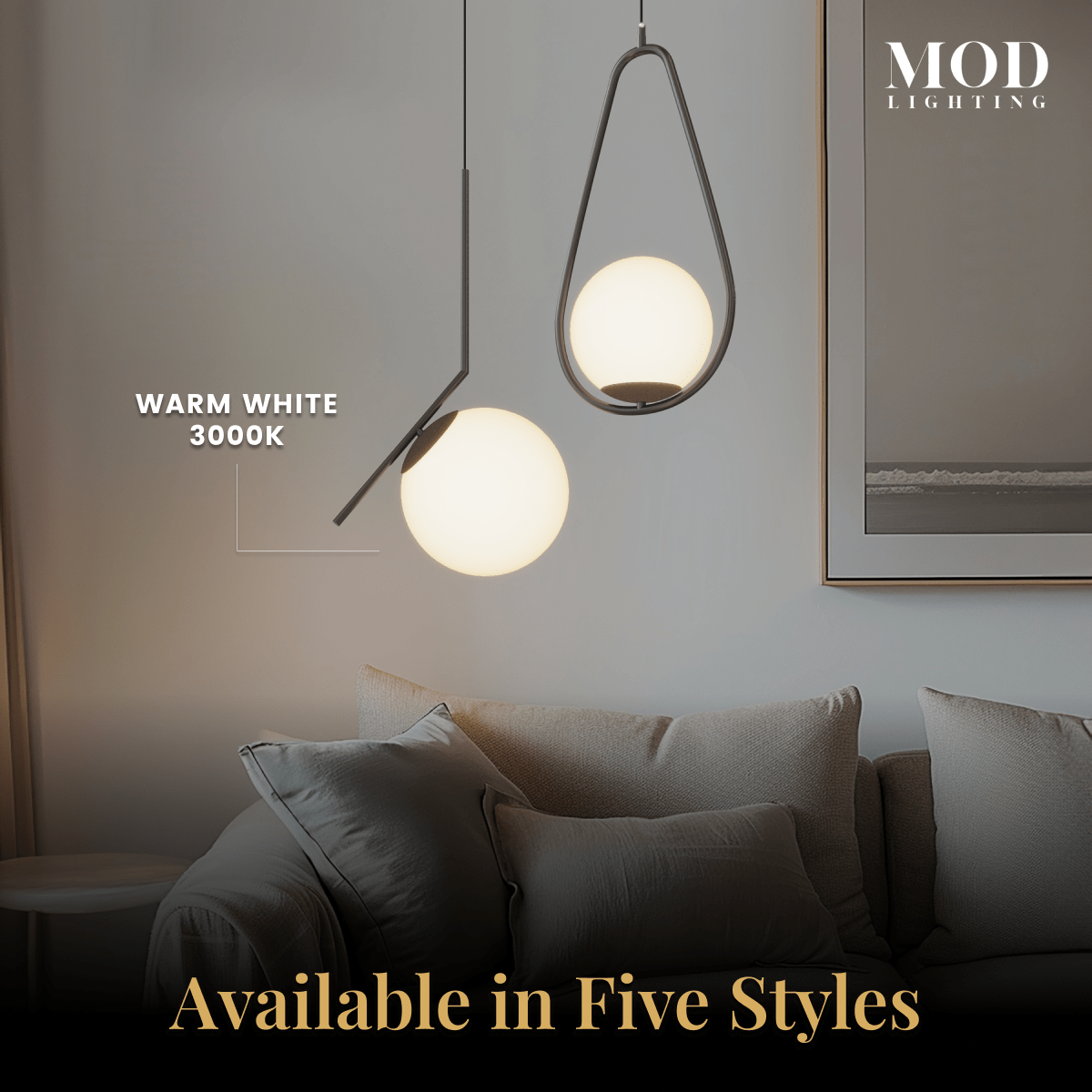 Jewels & Pearls pendants, two black-frame globe styles over a sofa; available in five styles