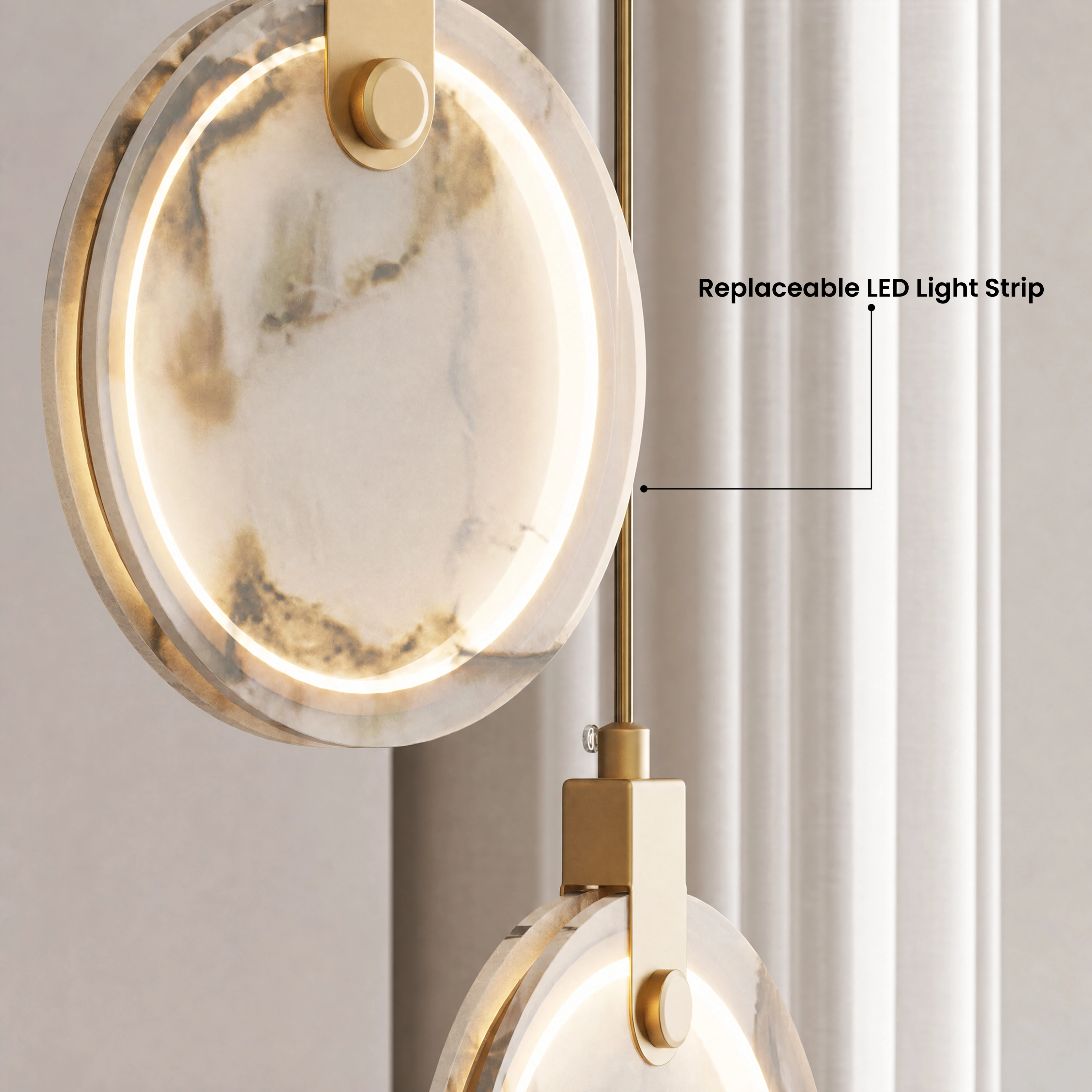 Marble gold and alabaster disc pendants in warm white 3000K over a beige sofa, available in three sizes