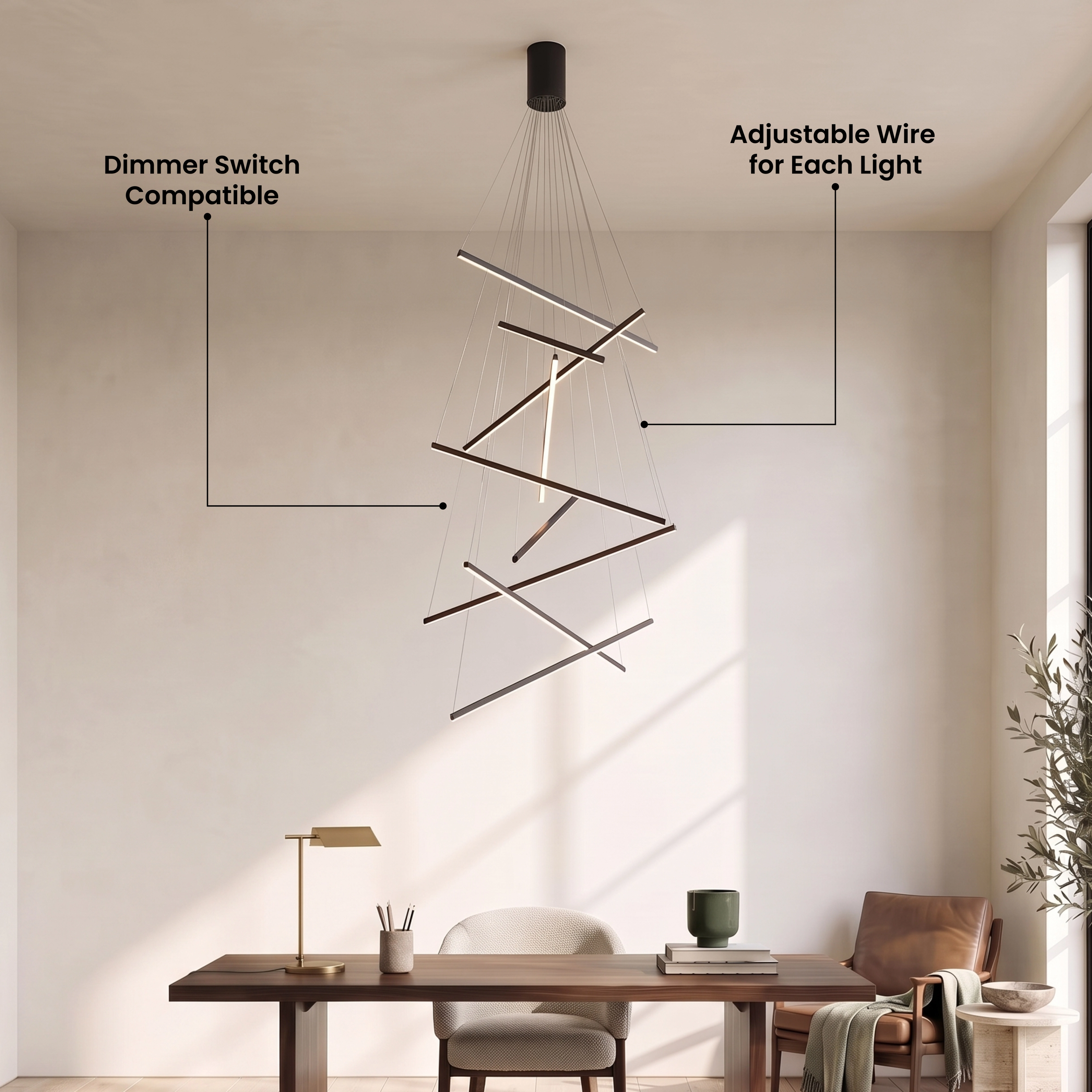 Finn black spiraling light-bar chandelier by tall windows in a living room, with five-star customer review
