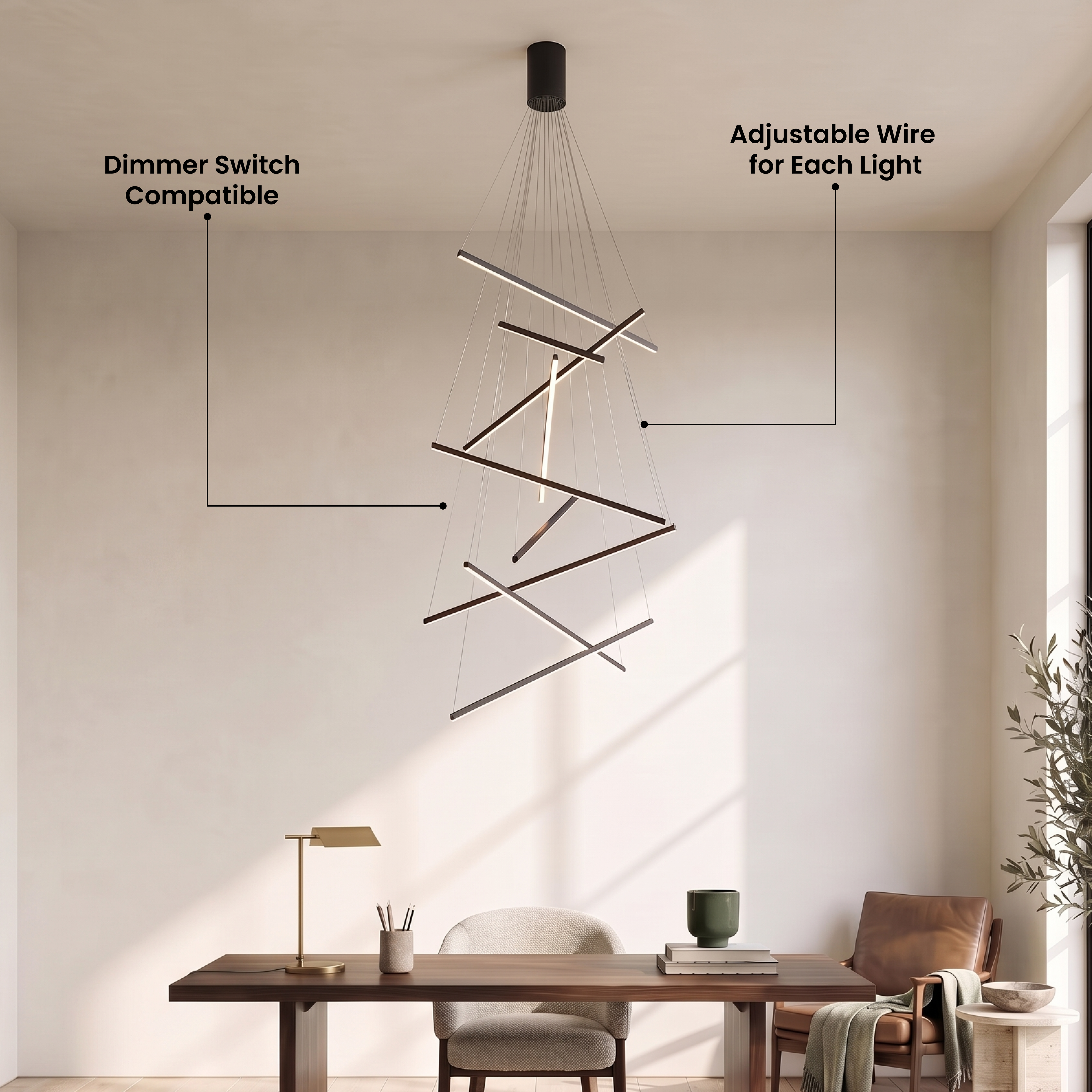 Finn black spiraling light-bar chandelier by tall windows in a living room, with five-star customer review