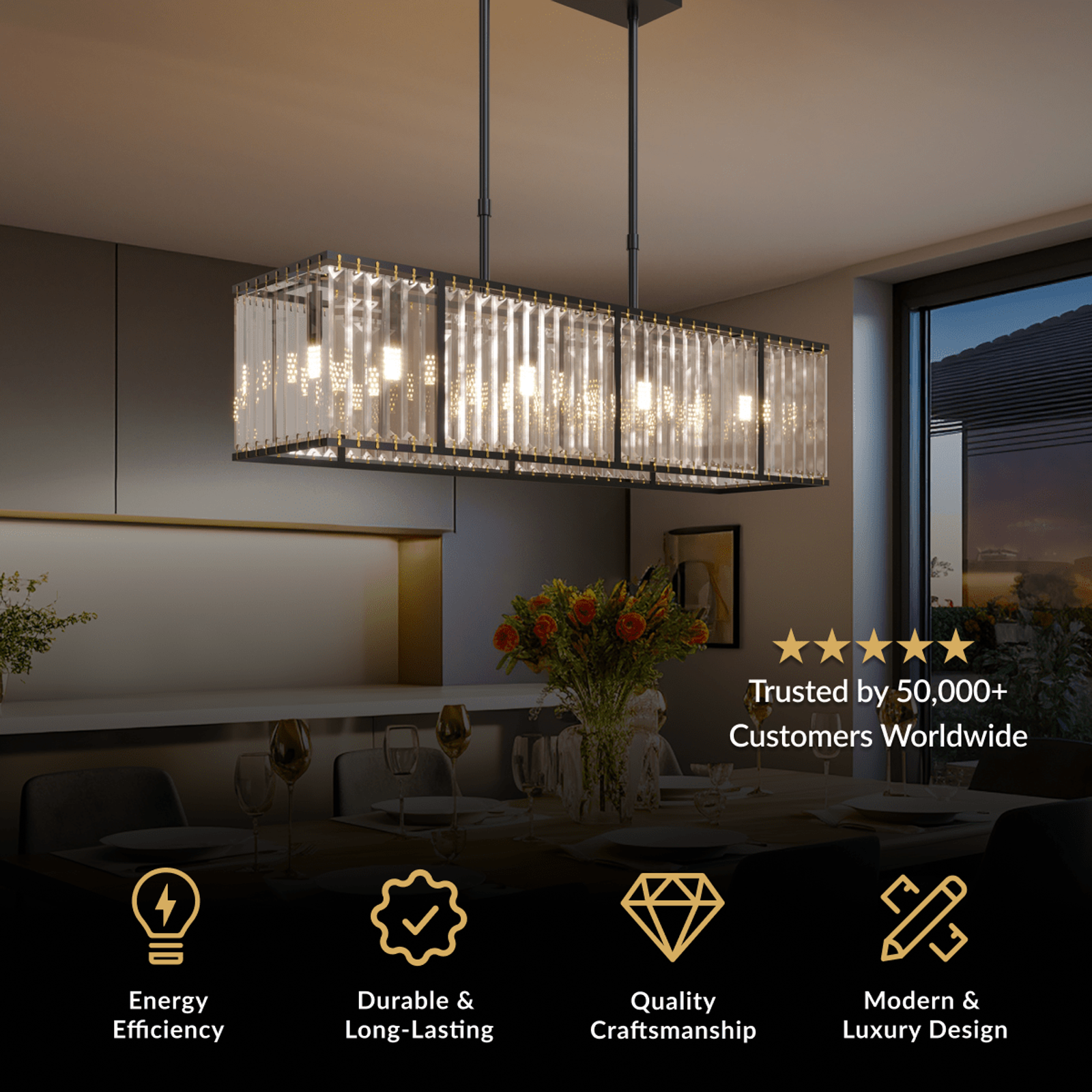 Gabriella chandelier, rectangular fringe of clear crystal rods, suspended over a dining table at dusk