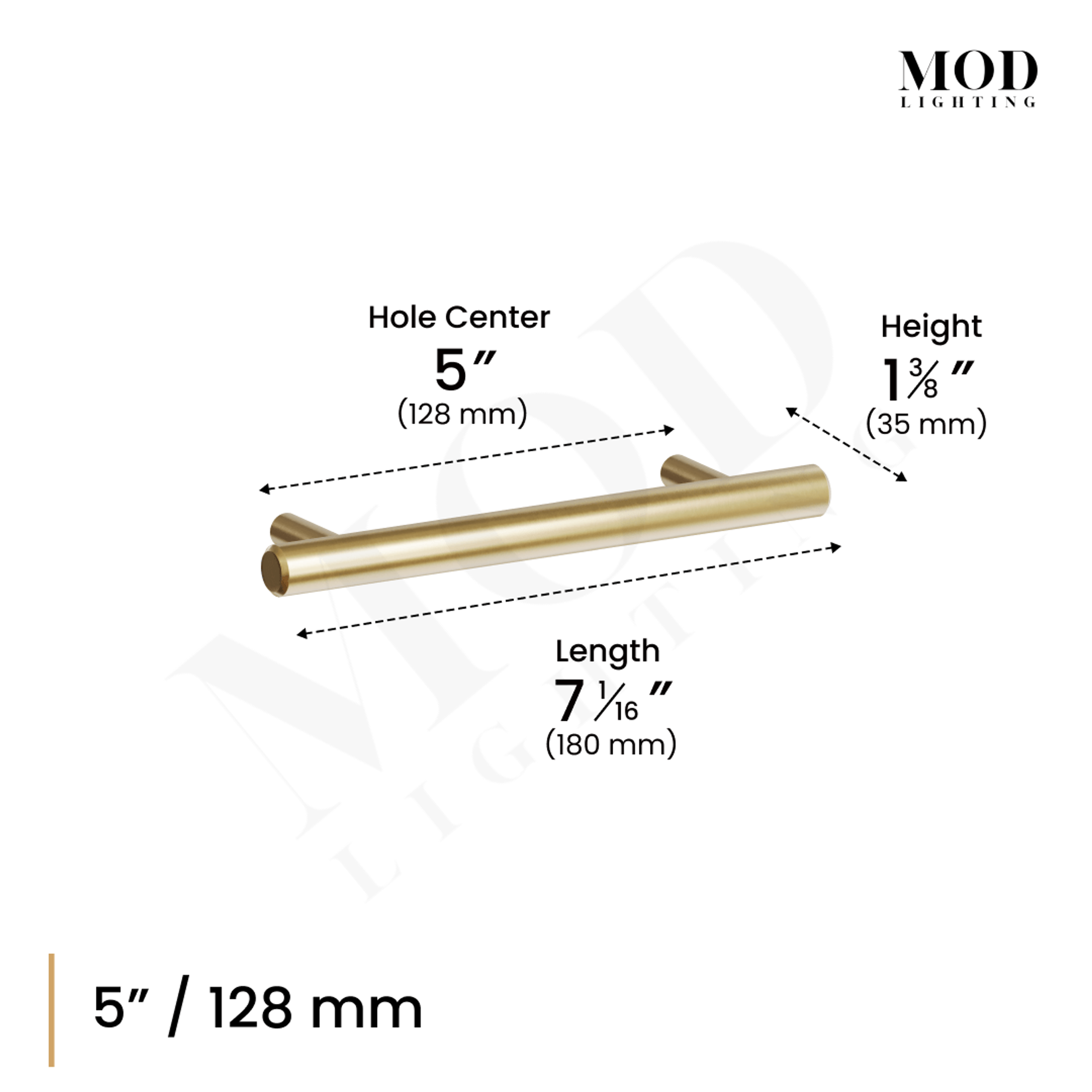 Alison cabinet pull dimension diagram: 5" hole center, 7 1/16" length, 1 3/8" height, brushed gold