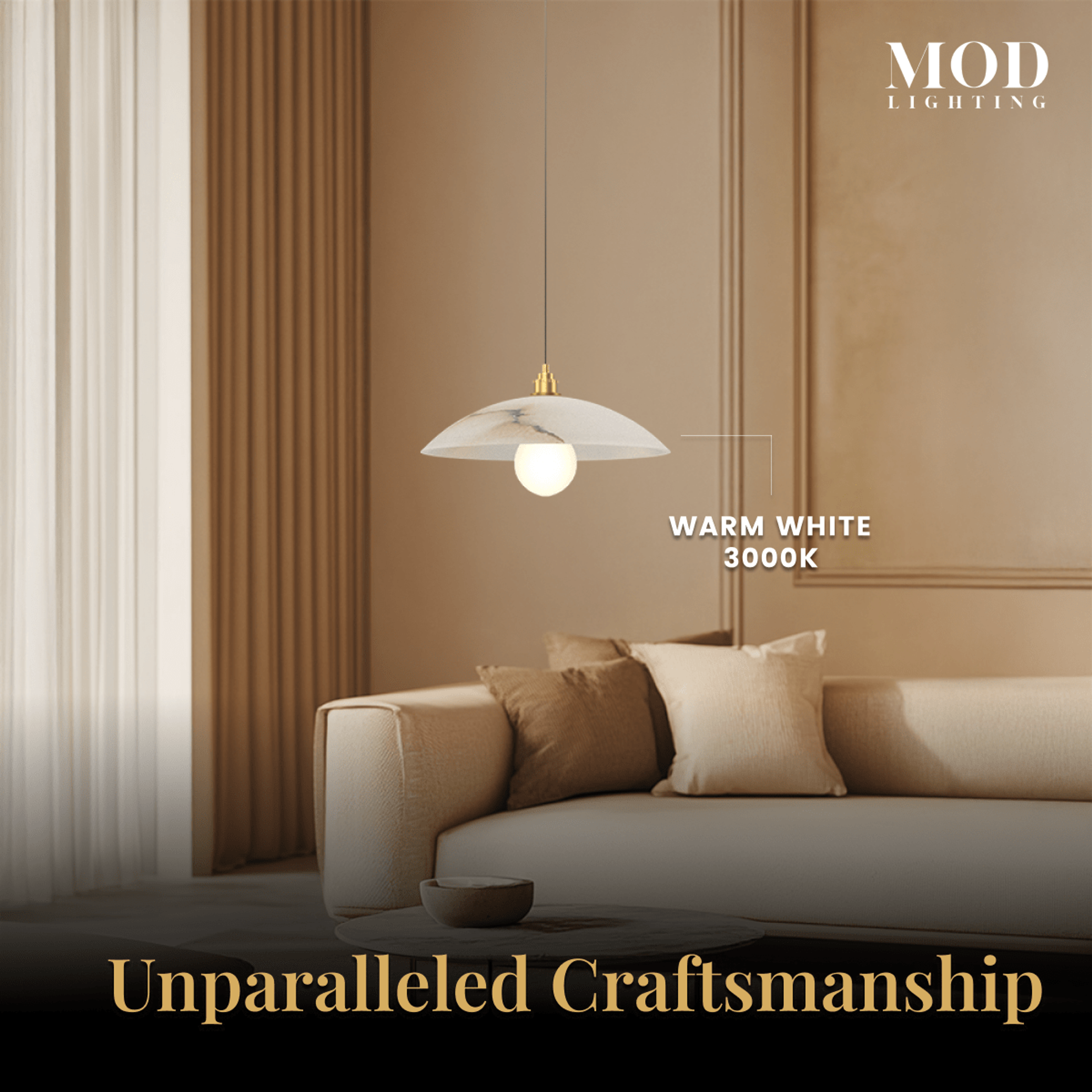 Zira alabaster dome pendant glowing warm white over a beige sofa in a paneled living room