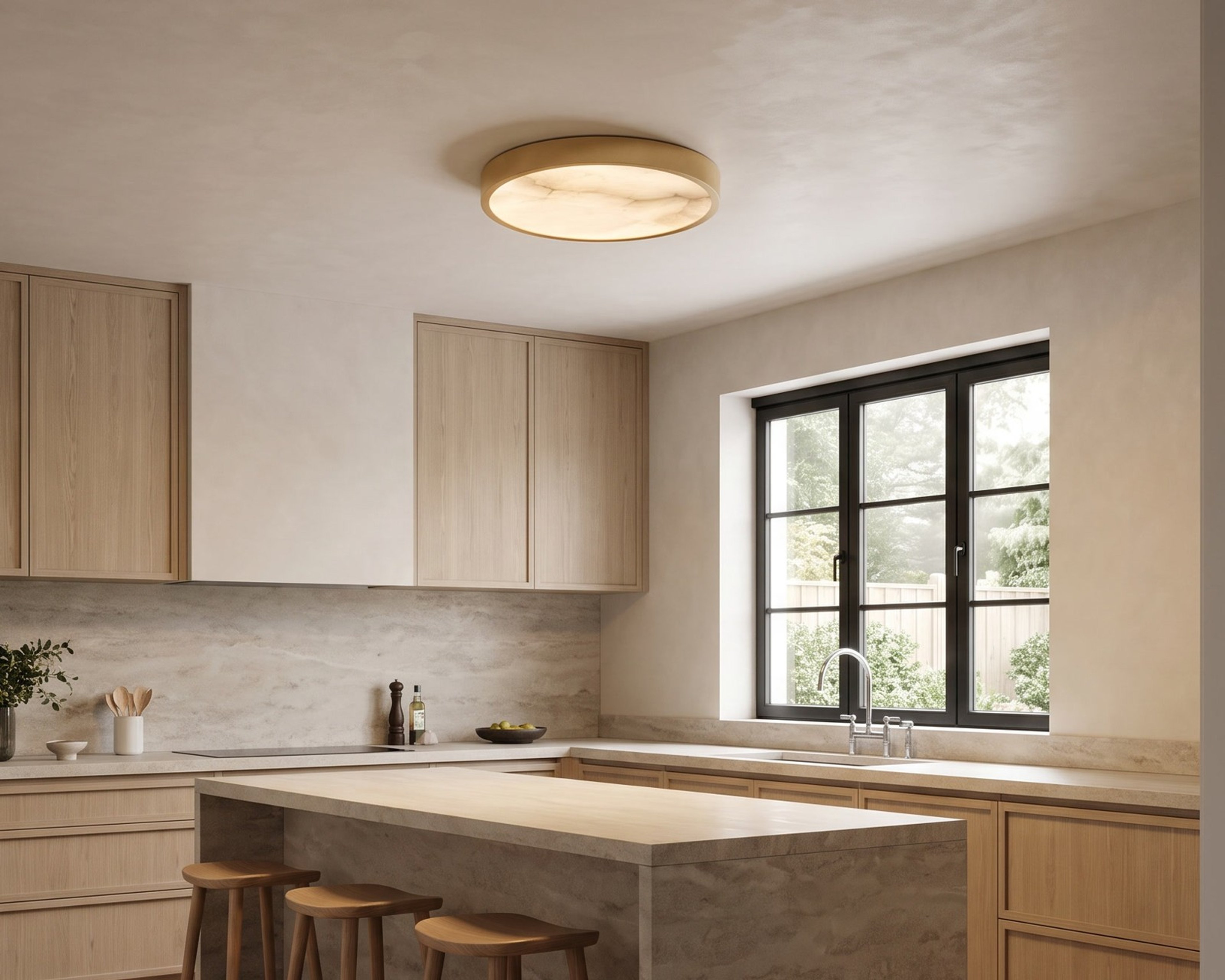 Celia flush ceiling light, alabaster and brass, in a kitchen