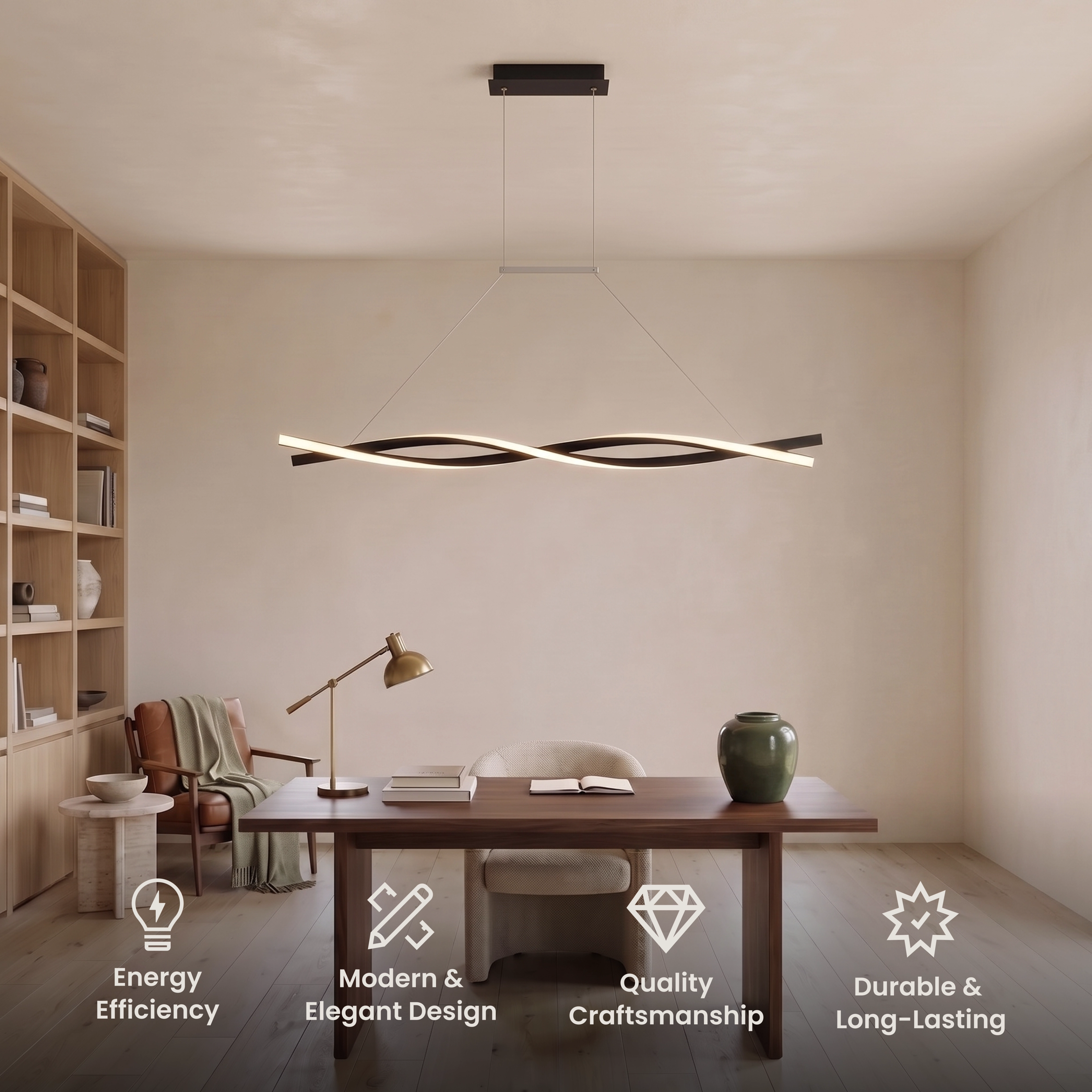 Wavey black minimalist LED pendant, a single glowing wave-form bar suspended over a living room