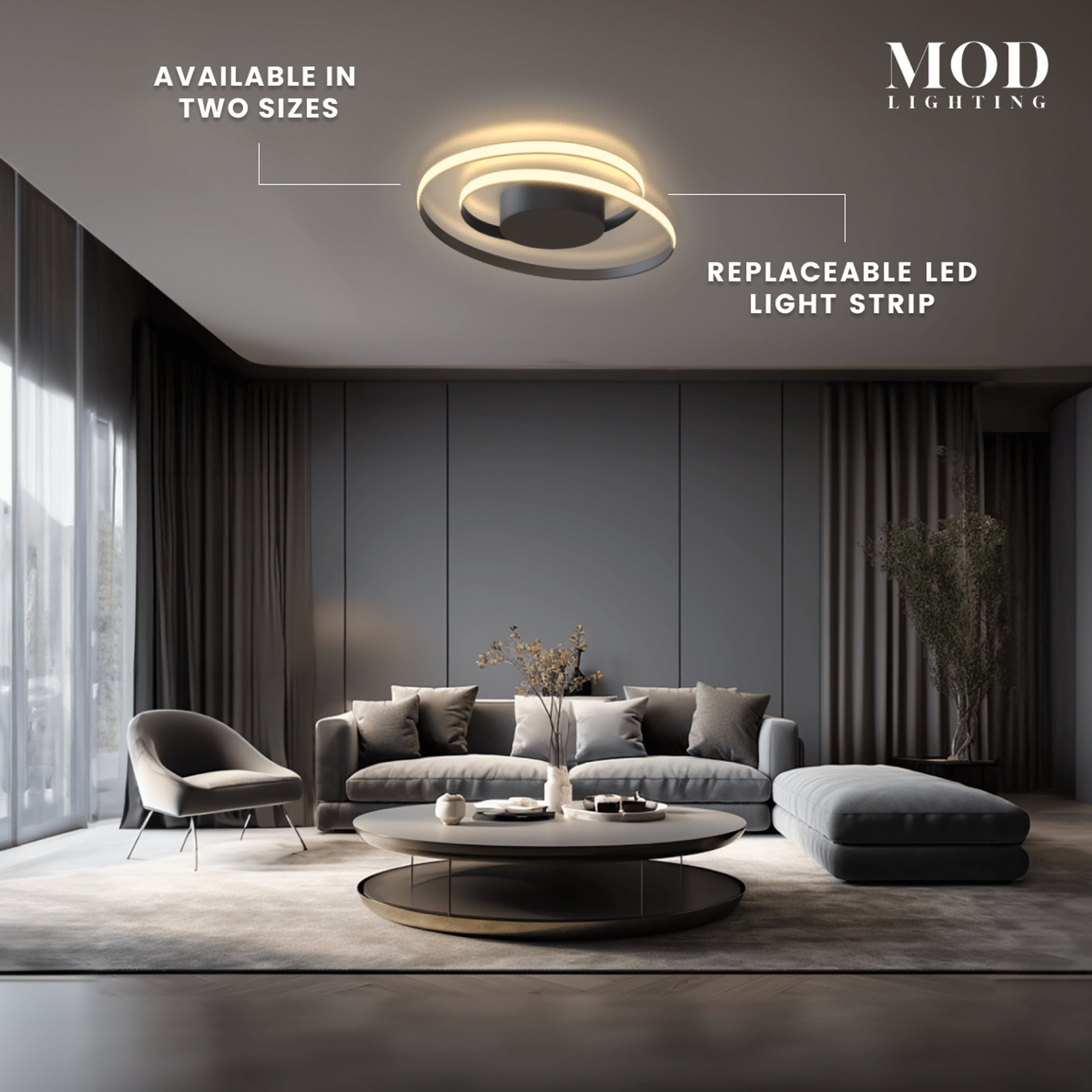 Spiral ceiling light, gold looping LED ring flush-mounted in a modern living room