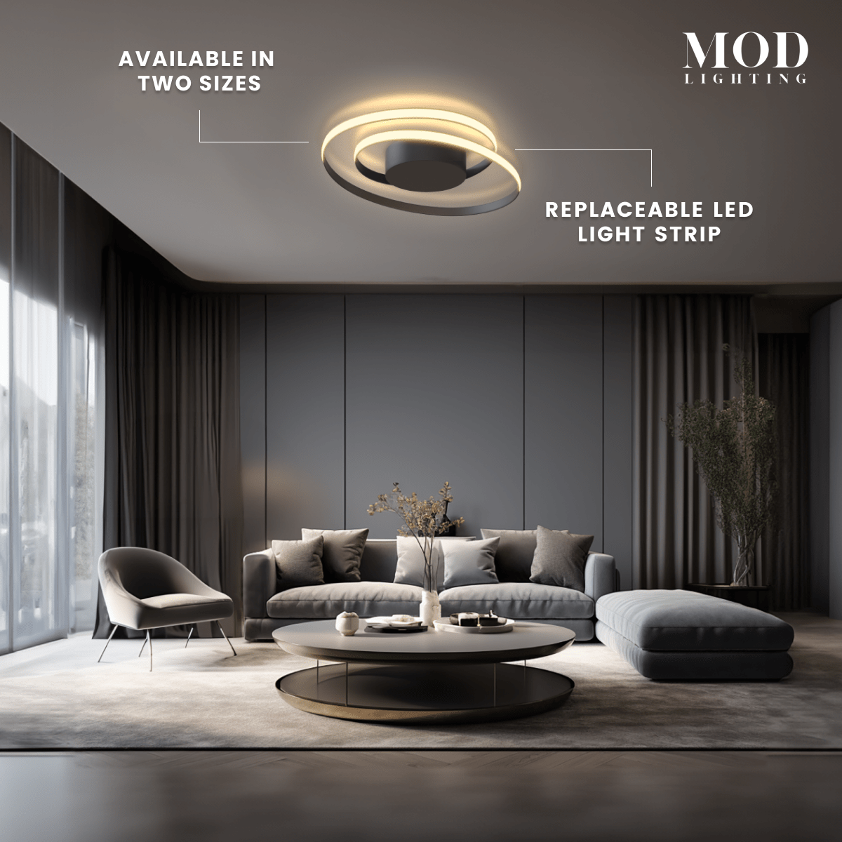 Spiral ceiling light, gold looping LED ring flush-mounted in a modern living room