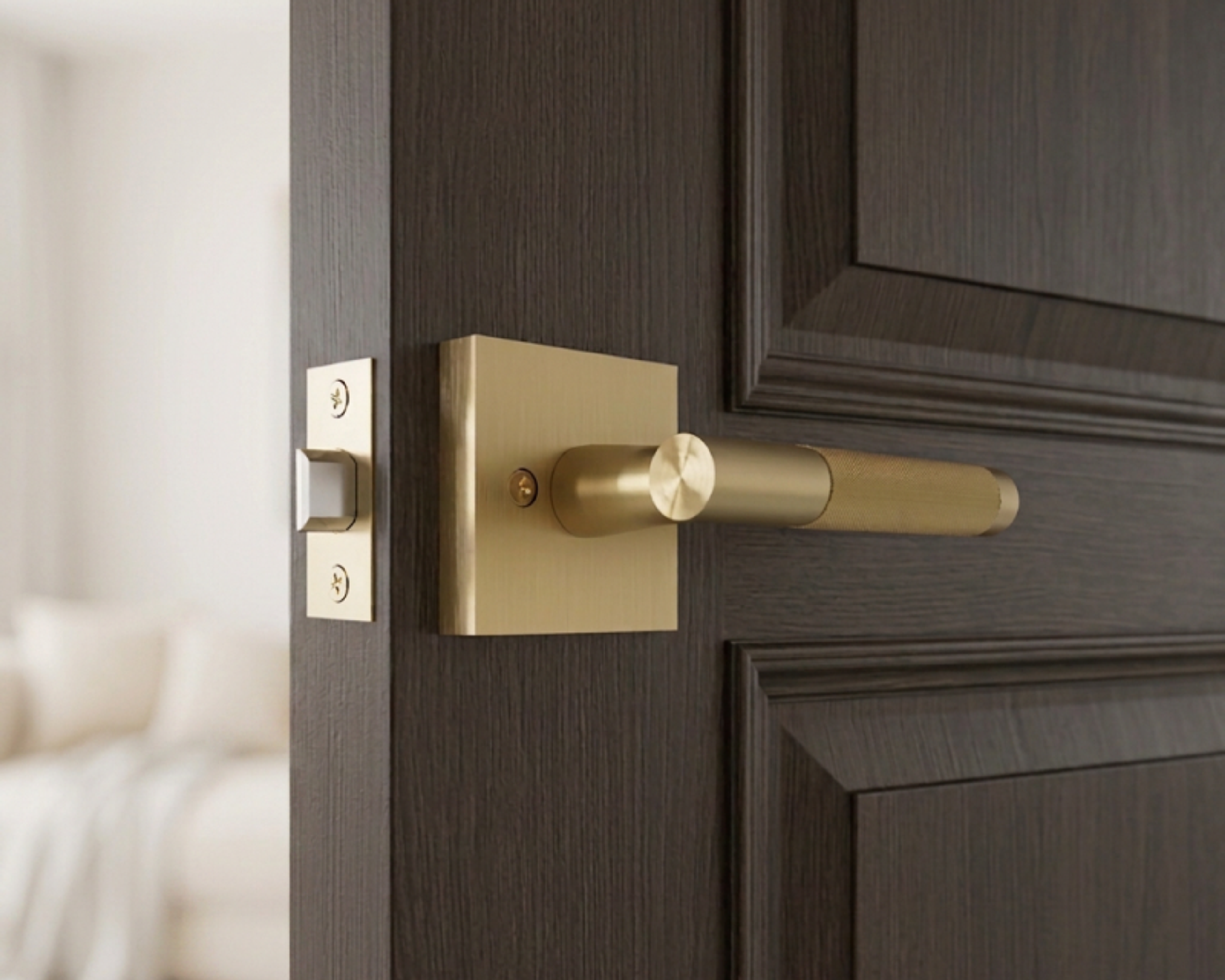 Hendrix brass door handle on a beige door