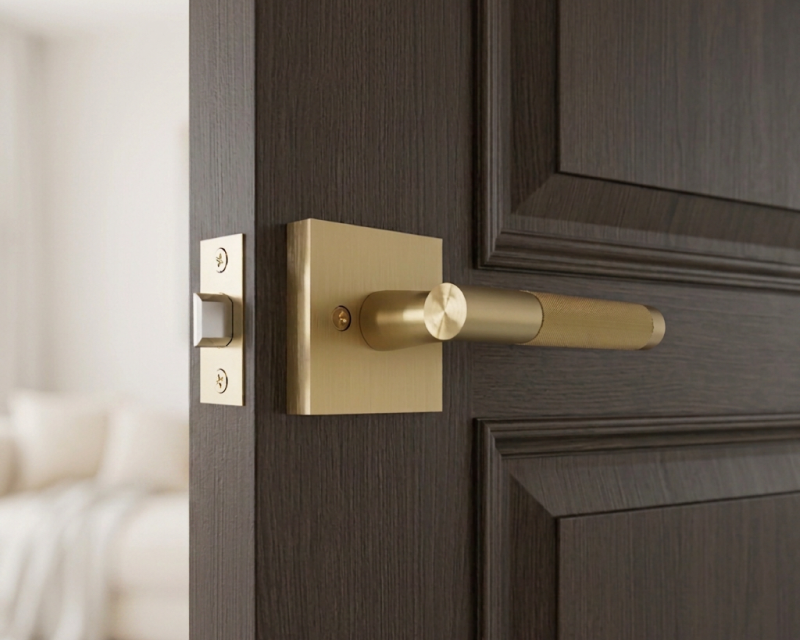 Hendrix brass door handle on a beige door