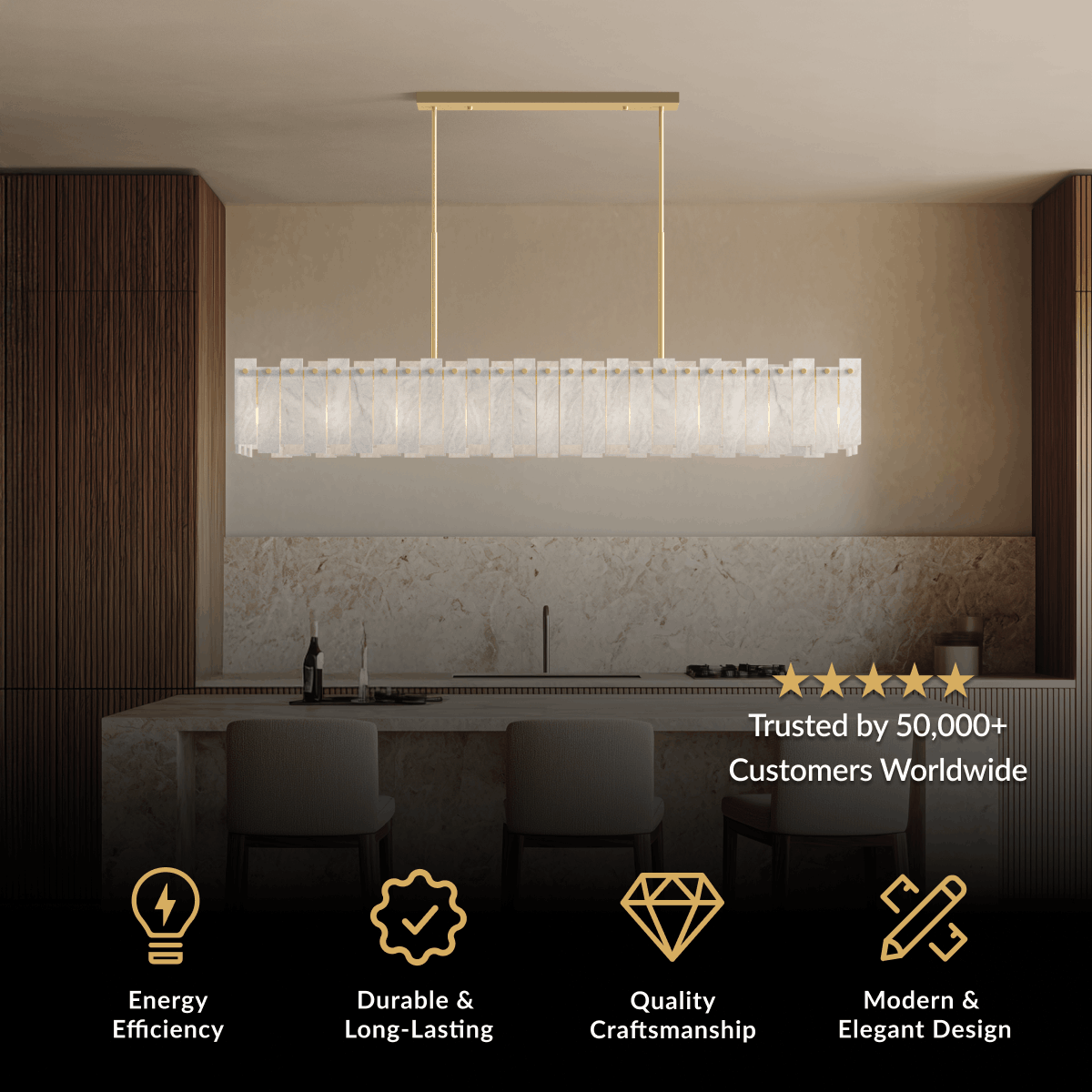 Velina linear alabaster pendant, gold frame with white alabaster panels, above a kitchen island