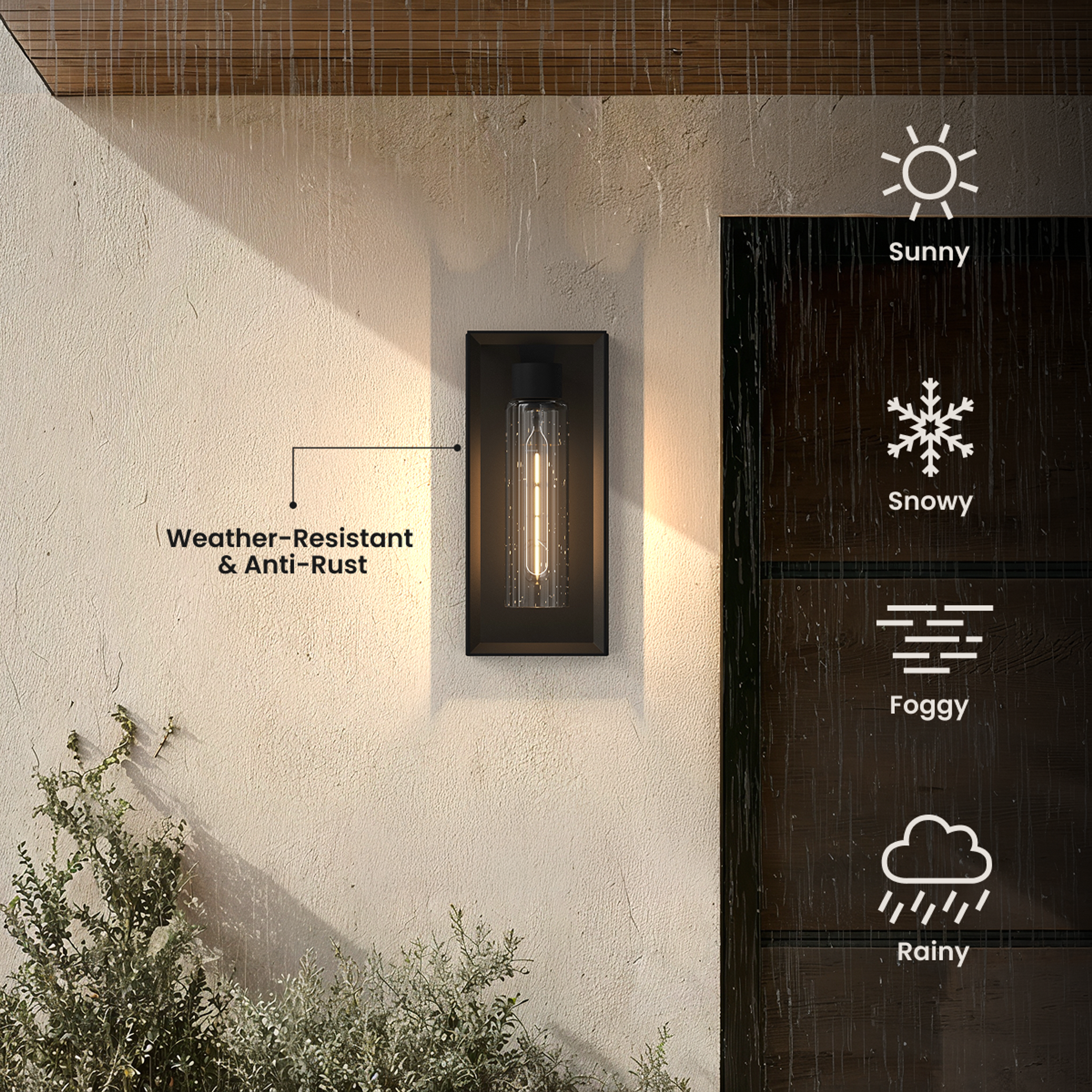 Lux black outdoor sconce with textured glass glowing warm, shown weather-resistant across four climates