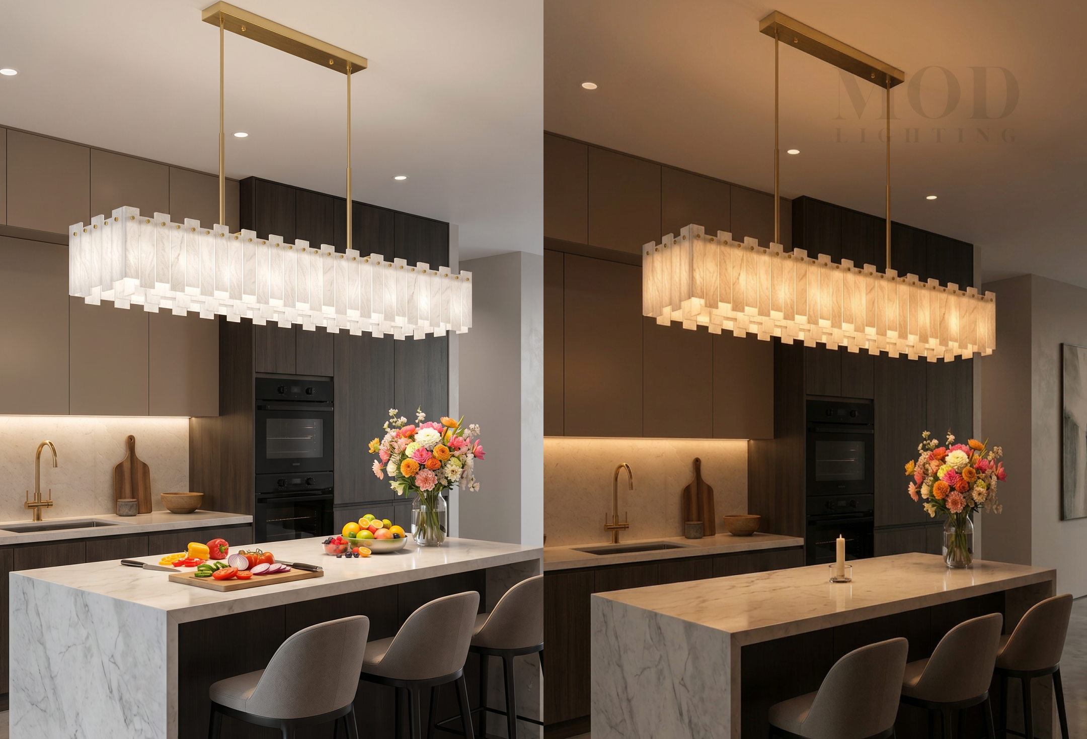bright task mode for cooking and dimmed warm mode for evening