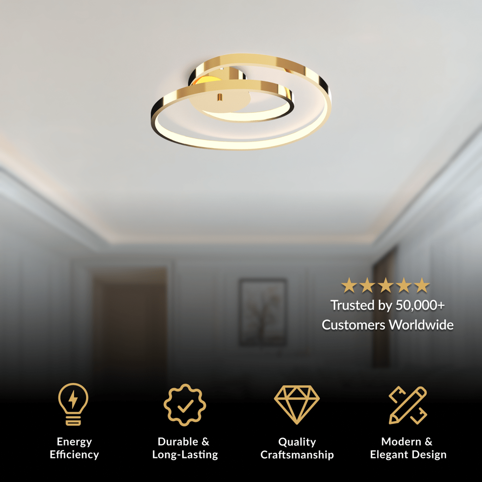 Elise ceiling light, spiraling gold ring flush mount with integrated LED strip on a ceiling