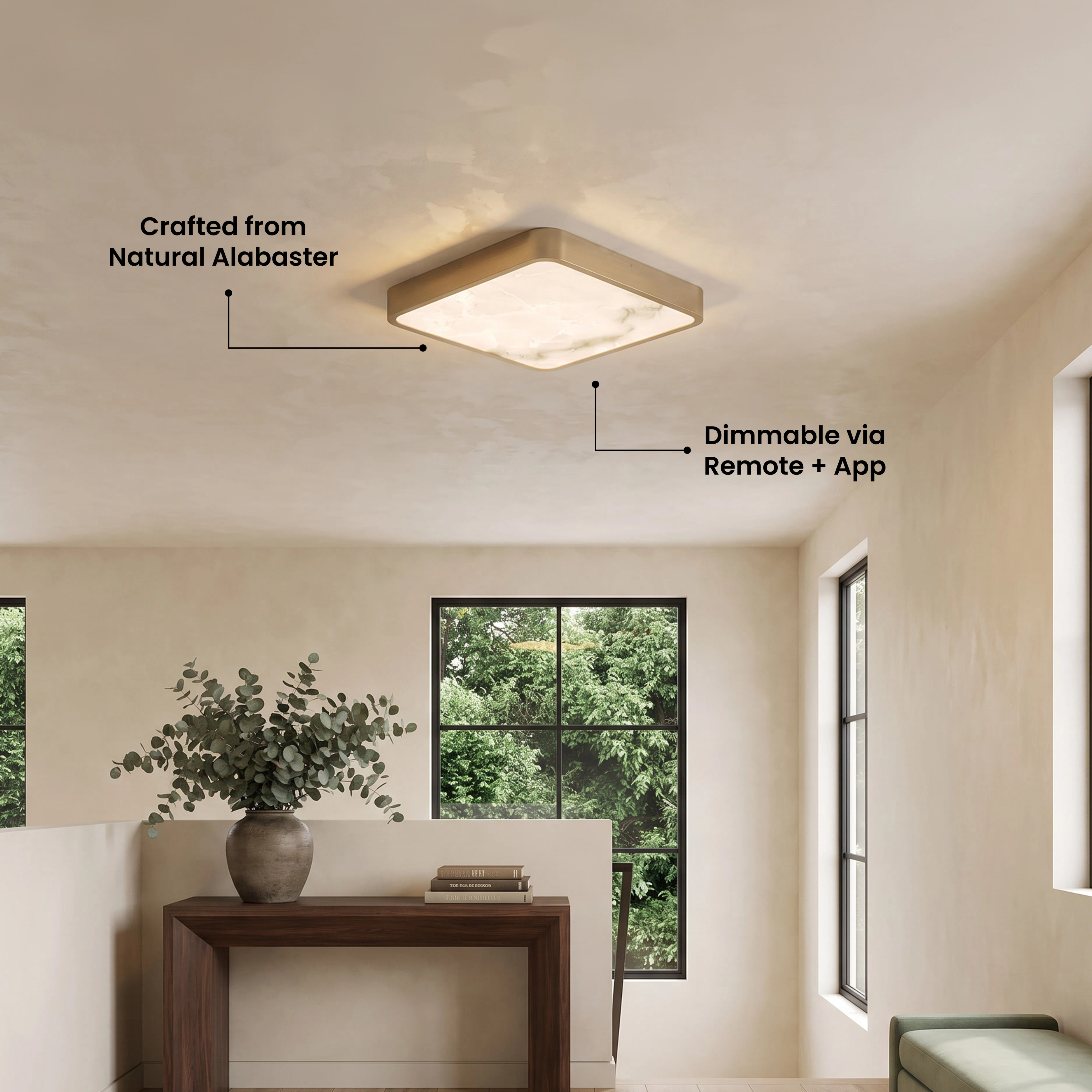 Selene Smart square alabaster ceiling light labeled crafted from natural alabaster, dimmable via remote and app
