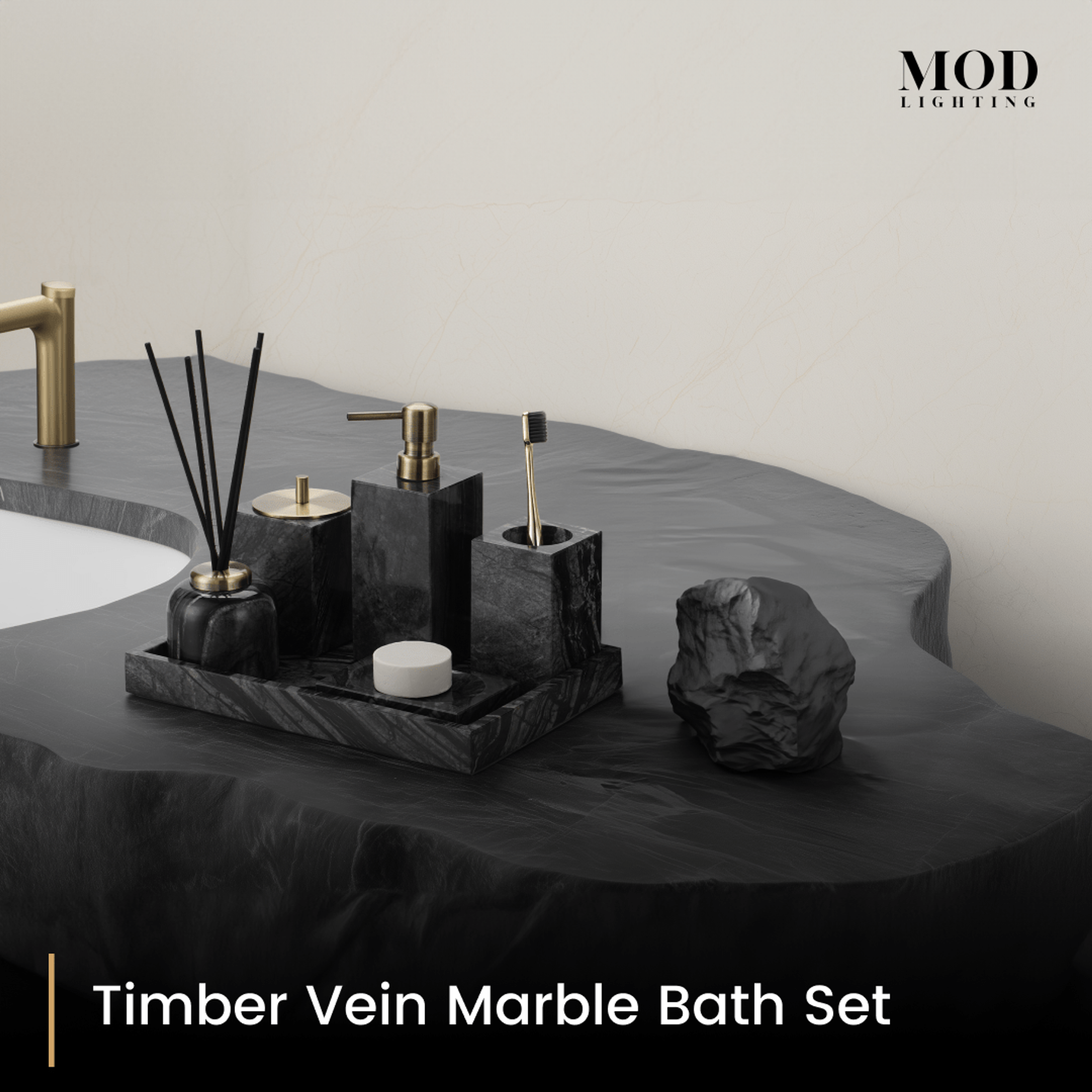 Timber Vein Marble Bath Set styled on a dark rippled vanity beside a basin, brass tapware and black stone