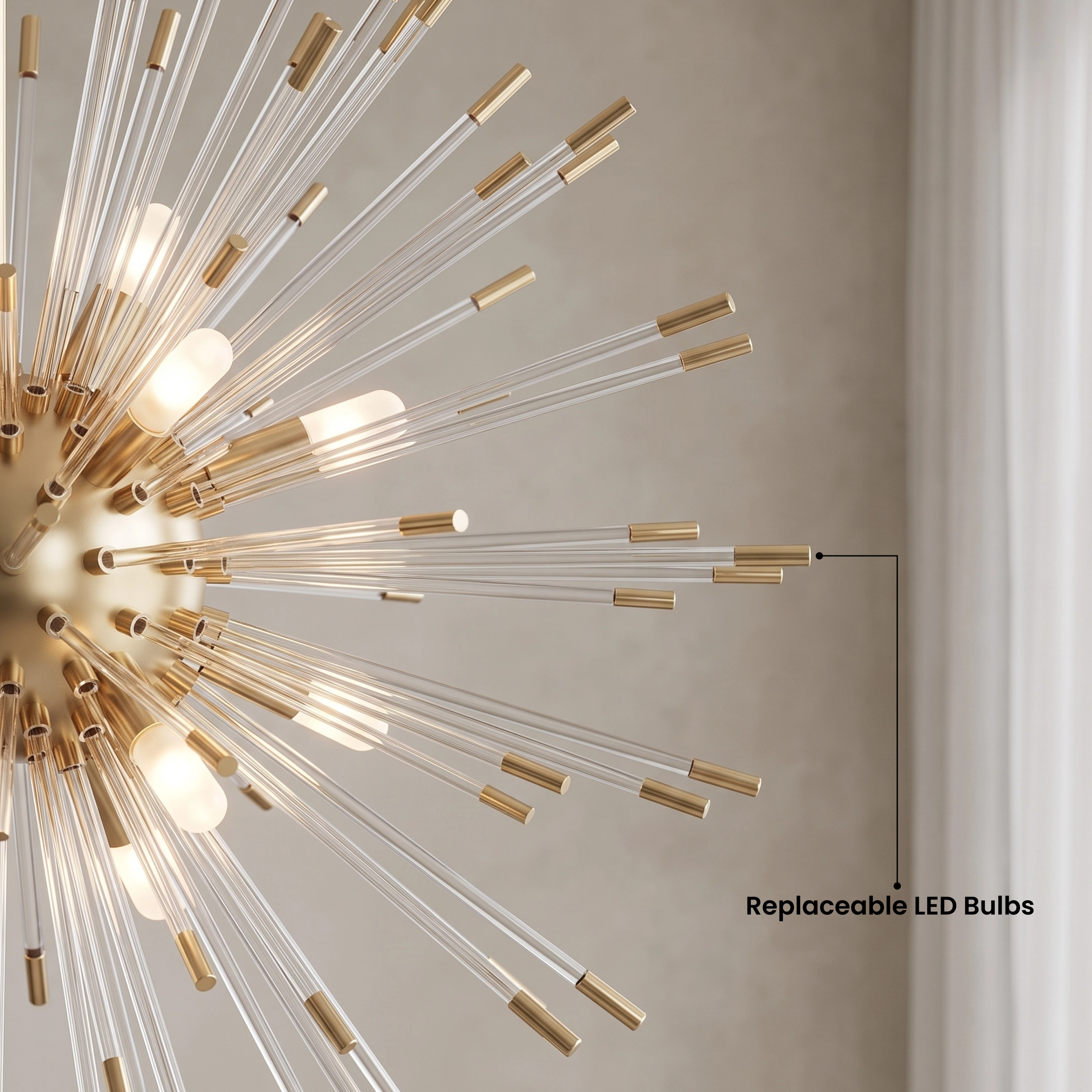 Pixie gold sputnik chandelier in warm-white 3000K over a dining table, noting two sizes and two styles
