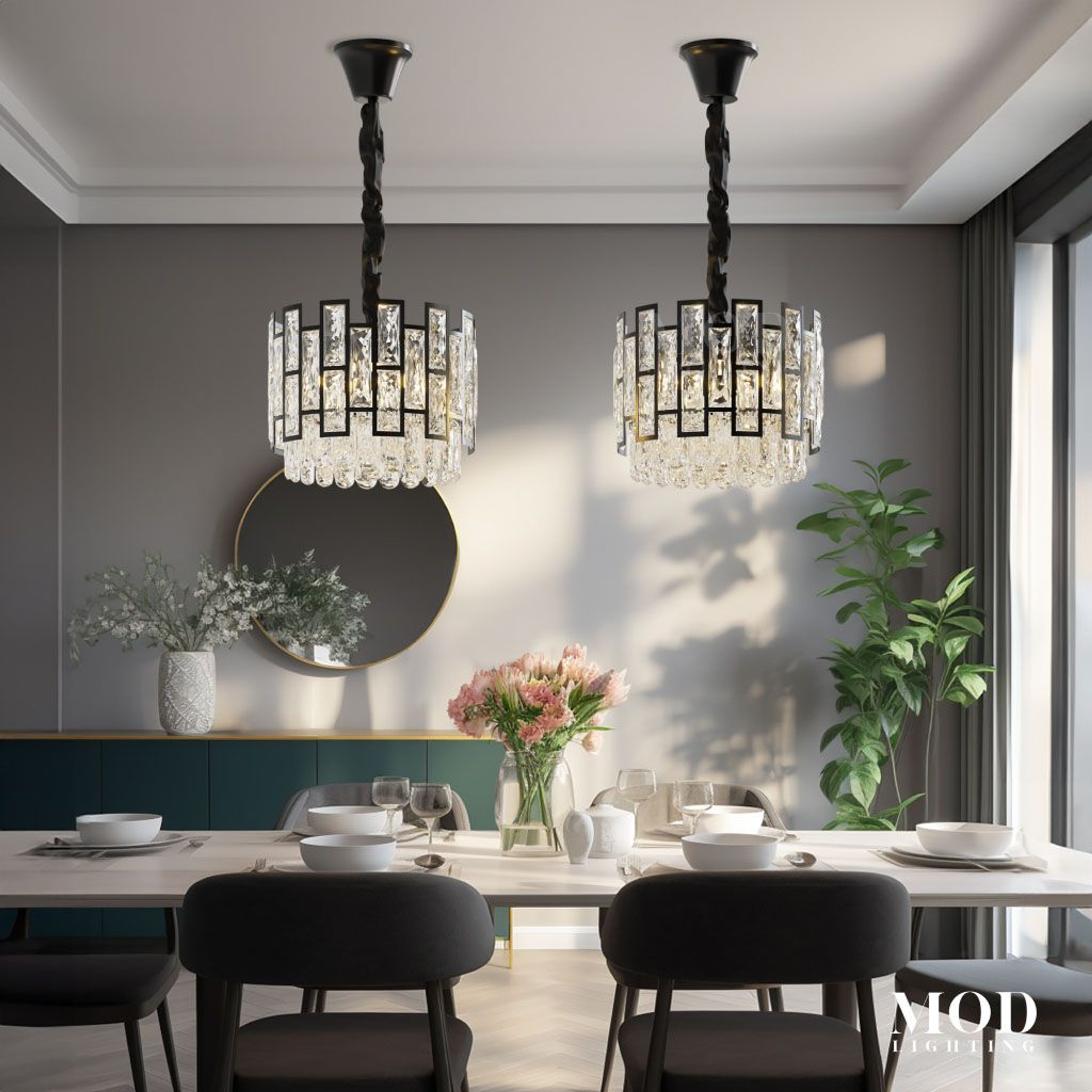 Mini Raven crystal pendants, black drum frames set with faceted crystal, above a dining table