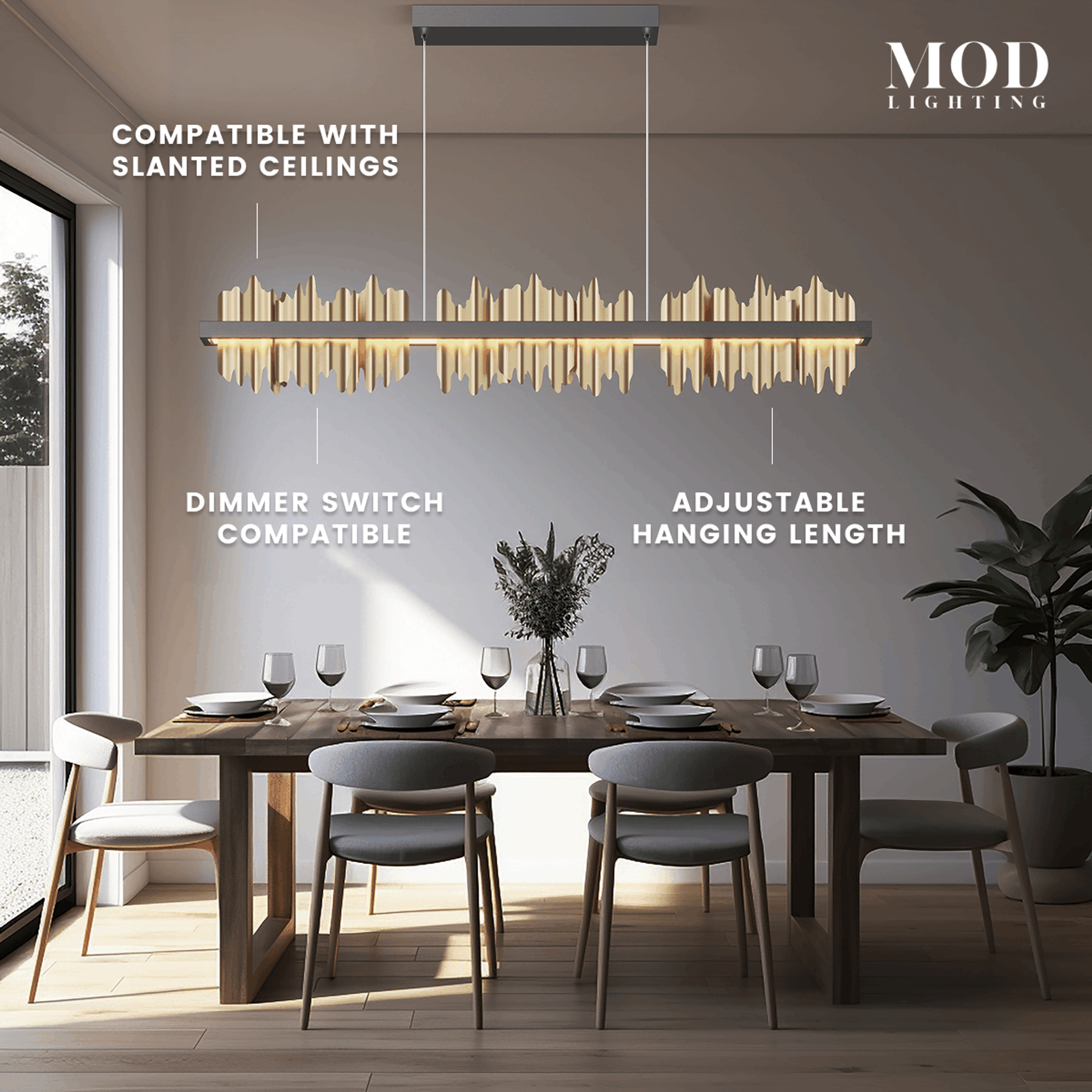 Aurelius Pendant gold linear crystal bar chandelier over a dining table with feature callouts