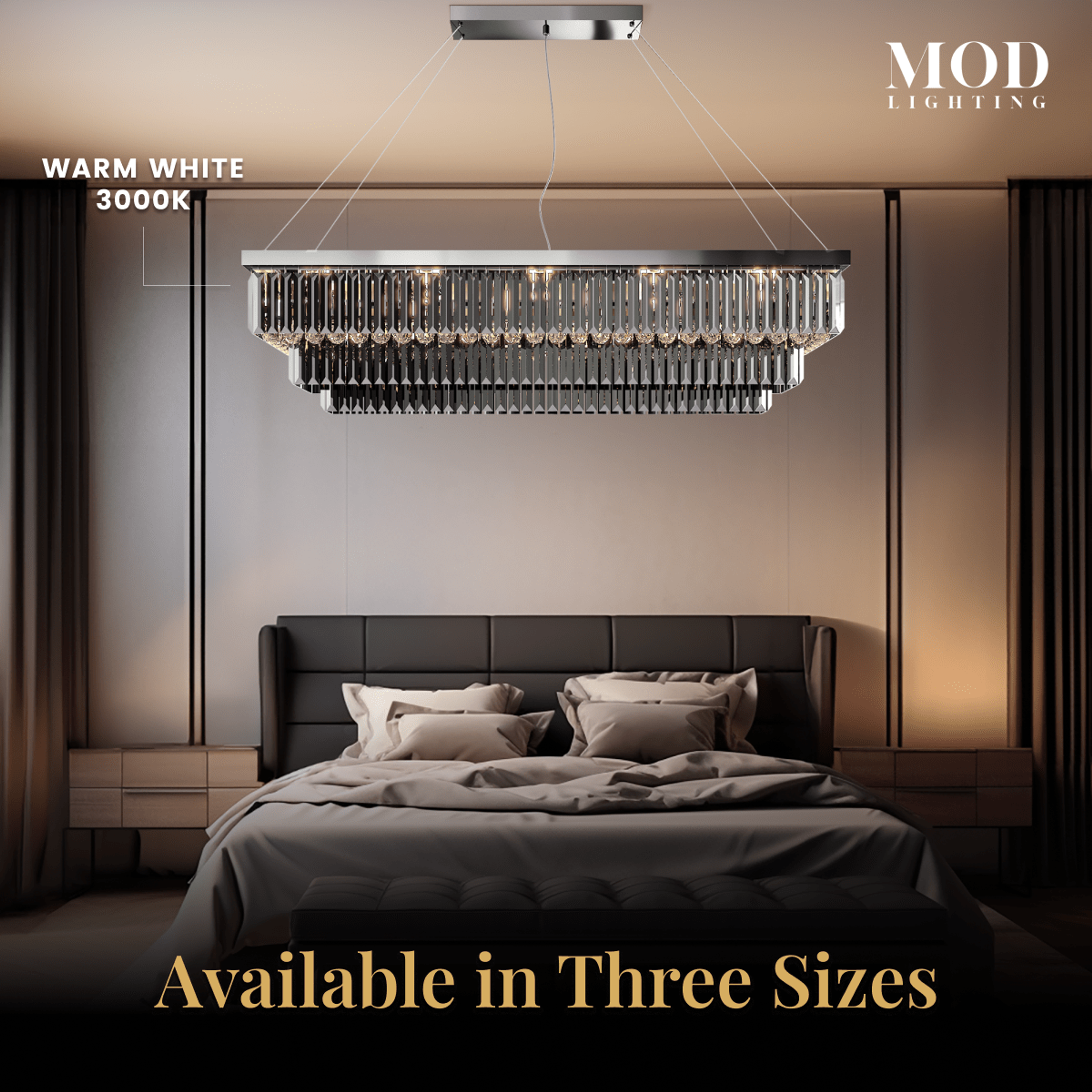 Umbra smoke-grey crystal chandelier over a bed in a dark bedroom, warm white 3000K, three sizes