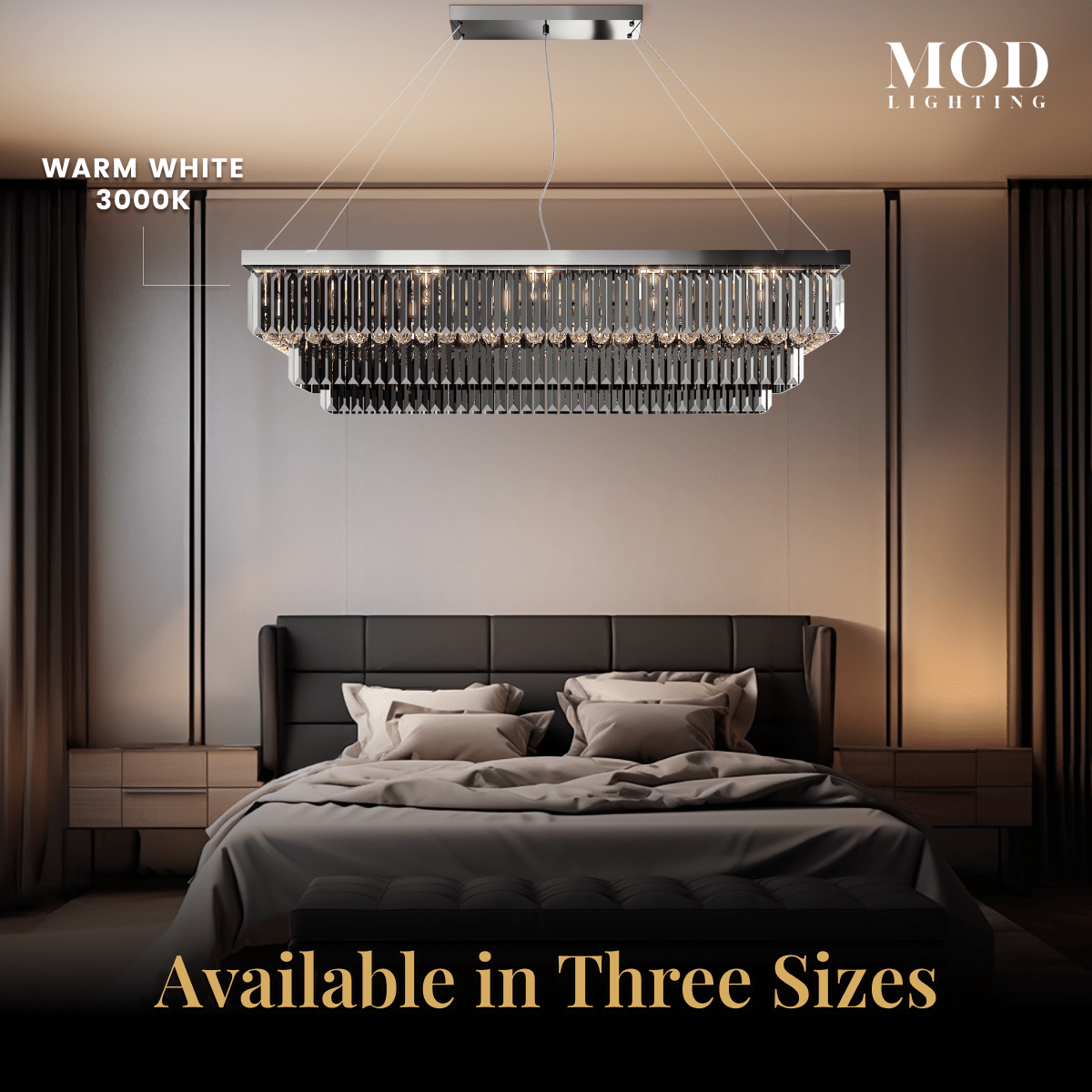 Umbra smoke-grey crystal chandelier over a bed in a dark bedroom, warm white 3000K, three sizes