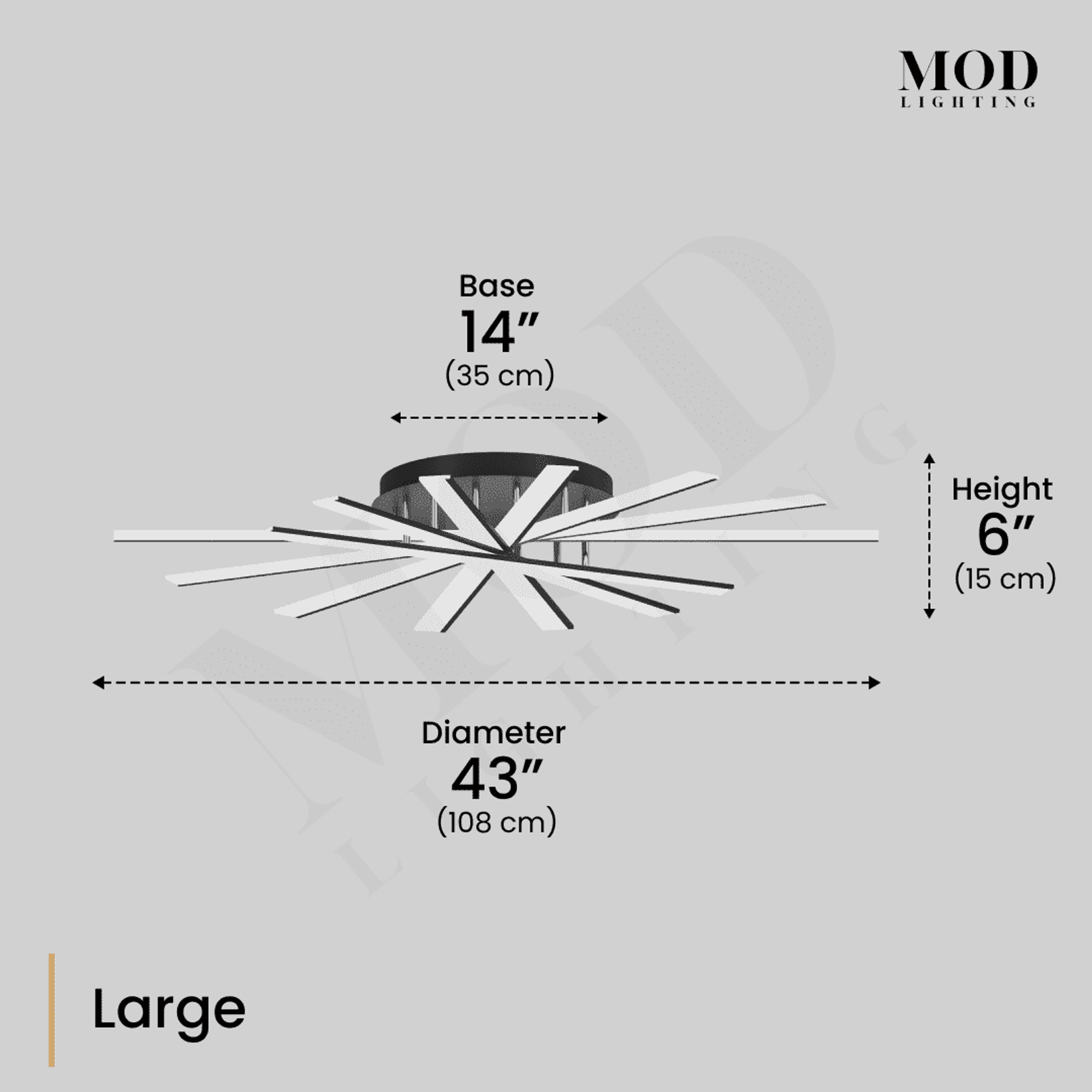 Jayce Large dimension diagram: crossed LED bars, 43 in (108 cm) diameter, 6 in high, 14 in base