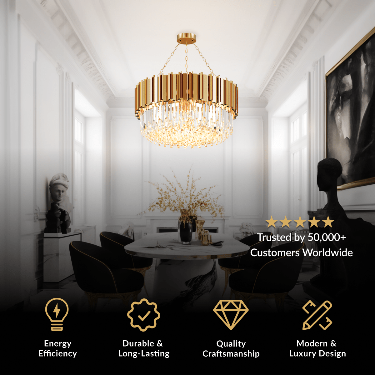 Athena crystal chandelier, gold drum frame with clear crystals over a round dining table