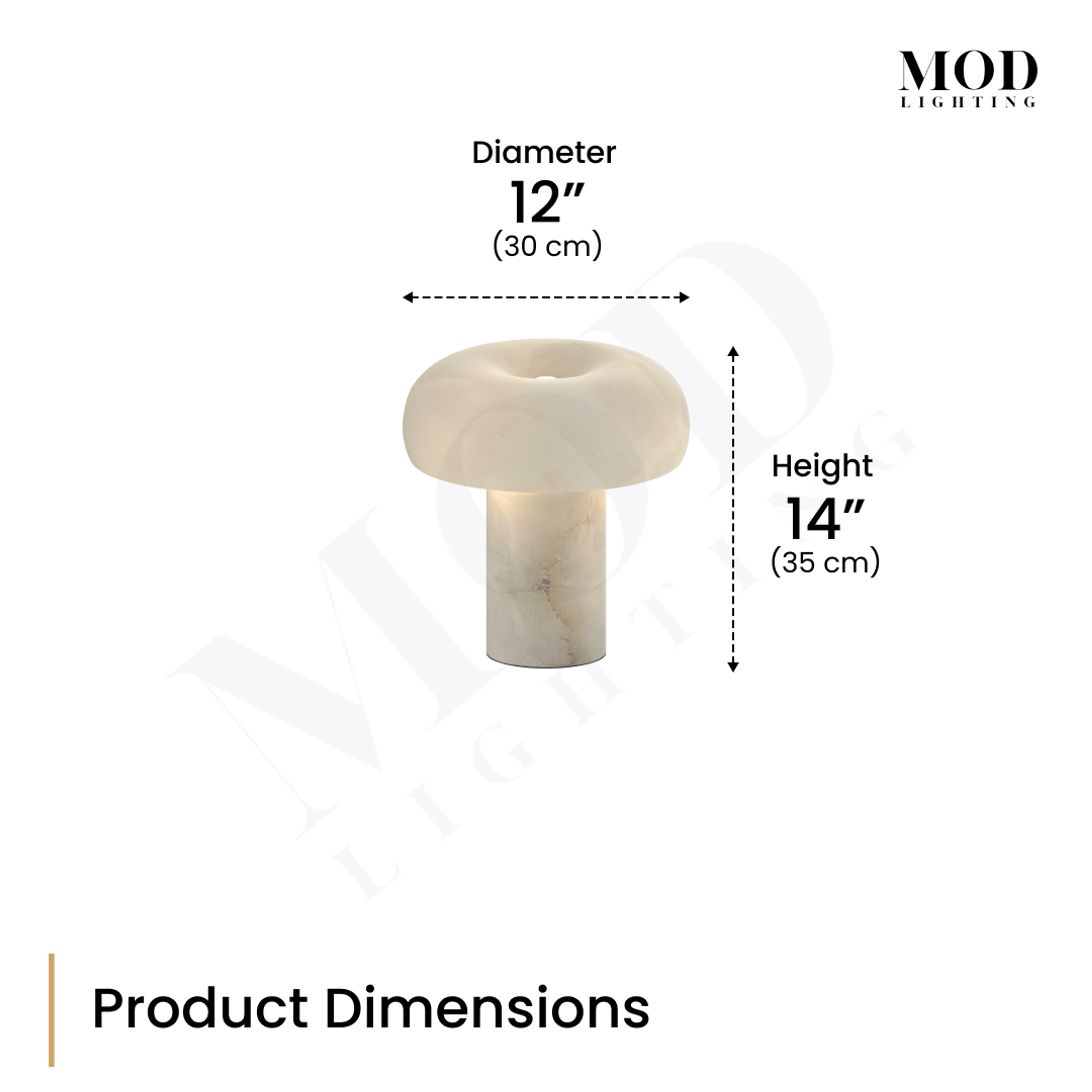 Ora Table Lamp dimension diagram: mushroom-form alabaster lamp, 12 in diameter, 14 in height