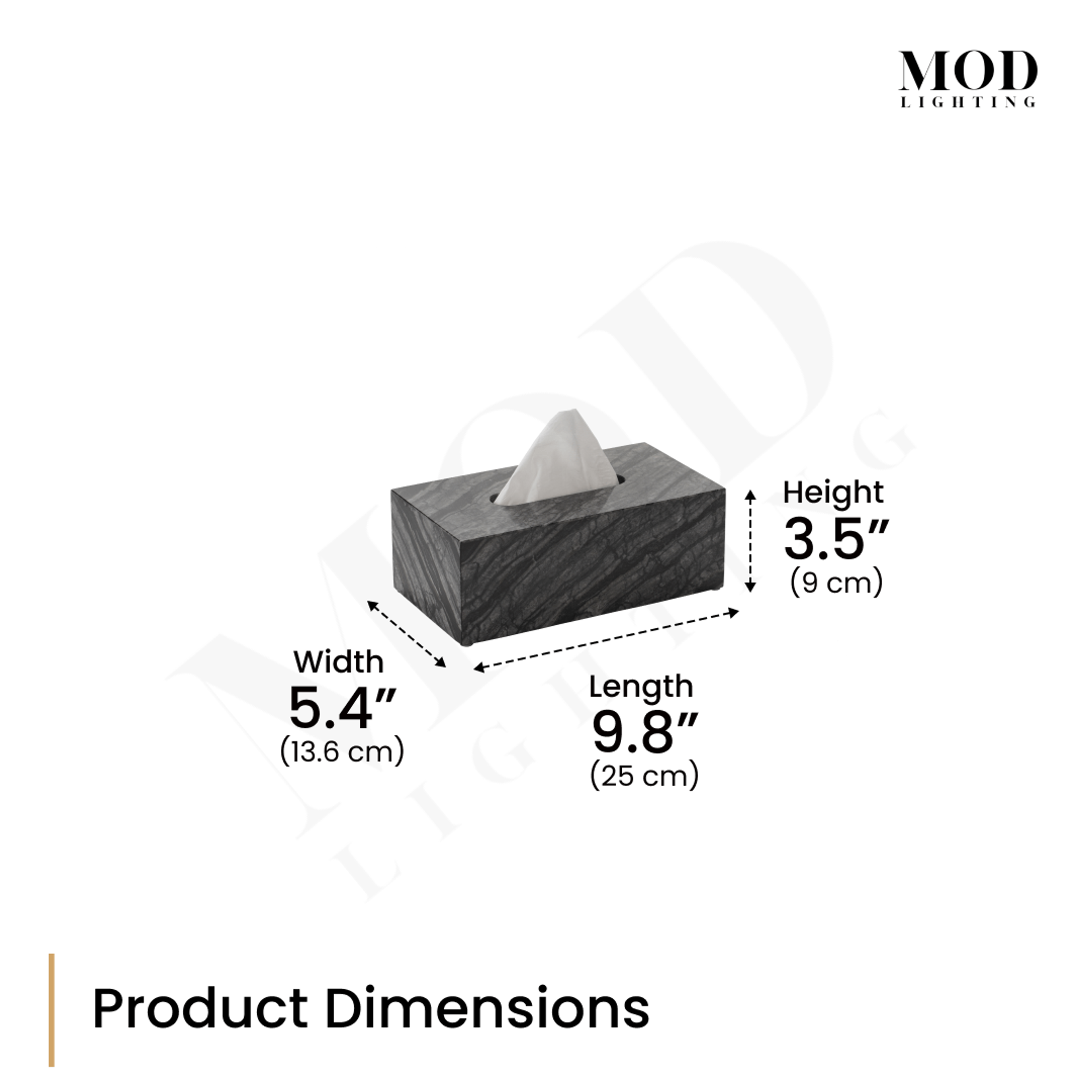 Timber Vein Marble Tissue Box, dimension diagram of the black veined-marble cover: 9.8 in long, 5.4 in wide, 3.5 in high