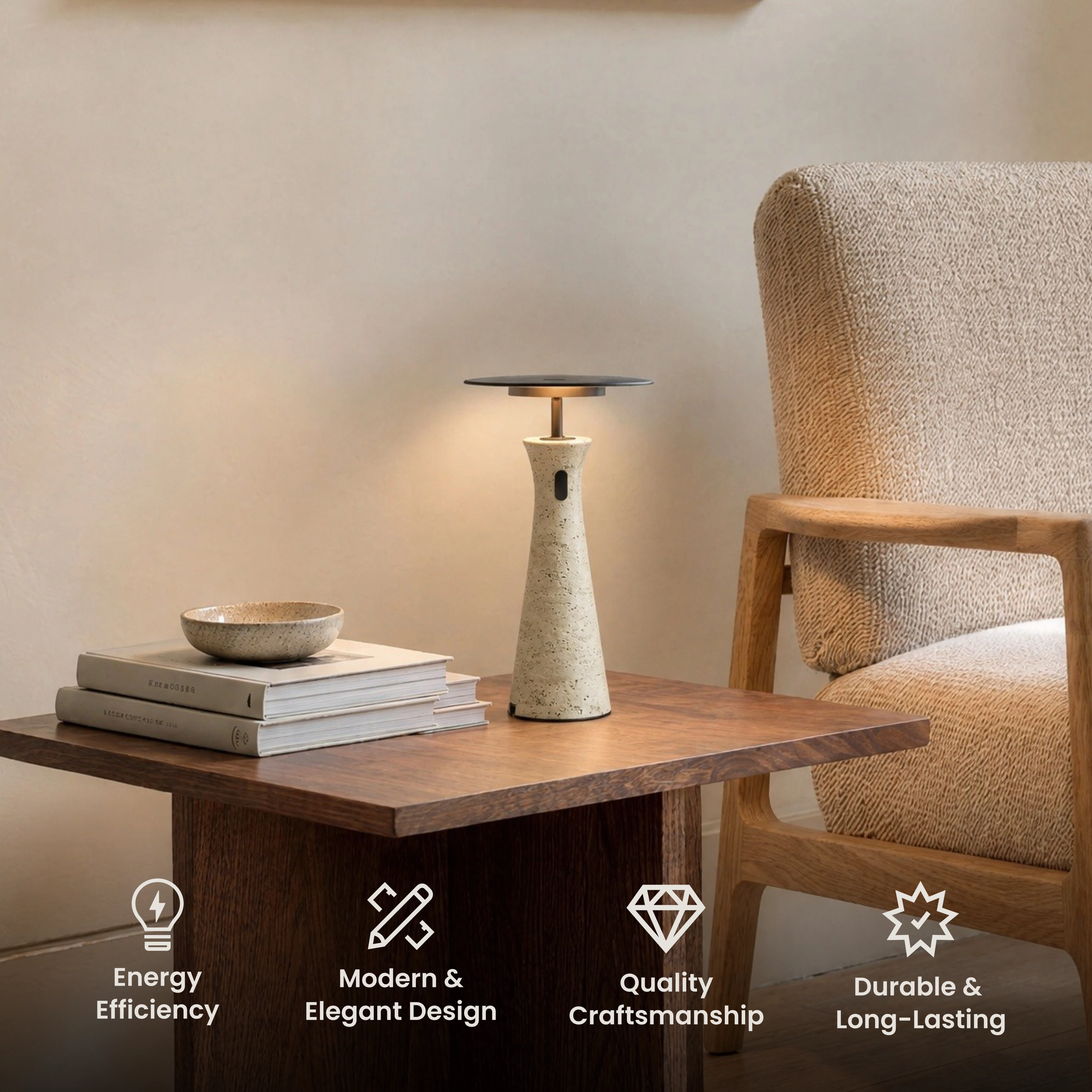 Dara rechargeable table lamp, gold tray-top on a tapered ribbed travertine stone base