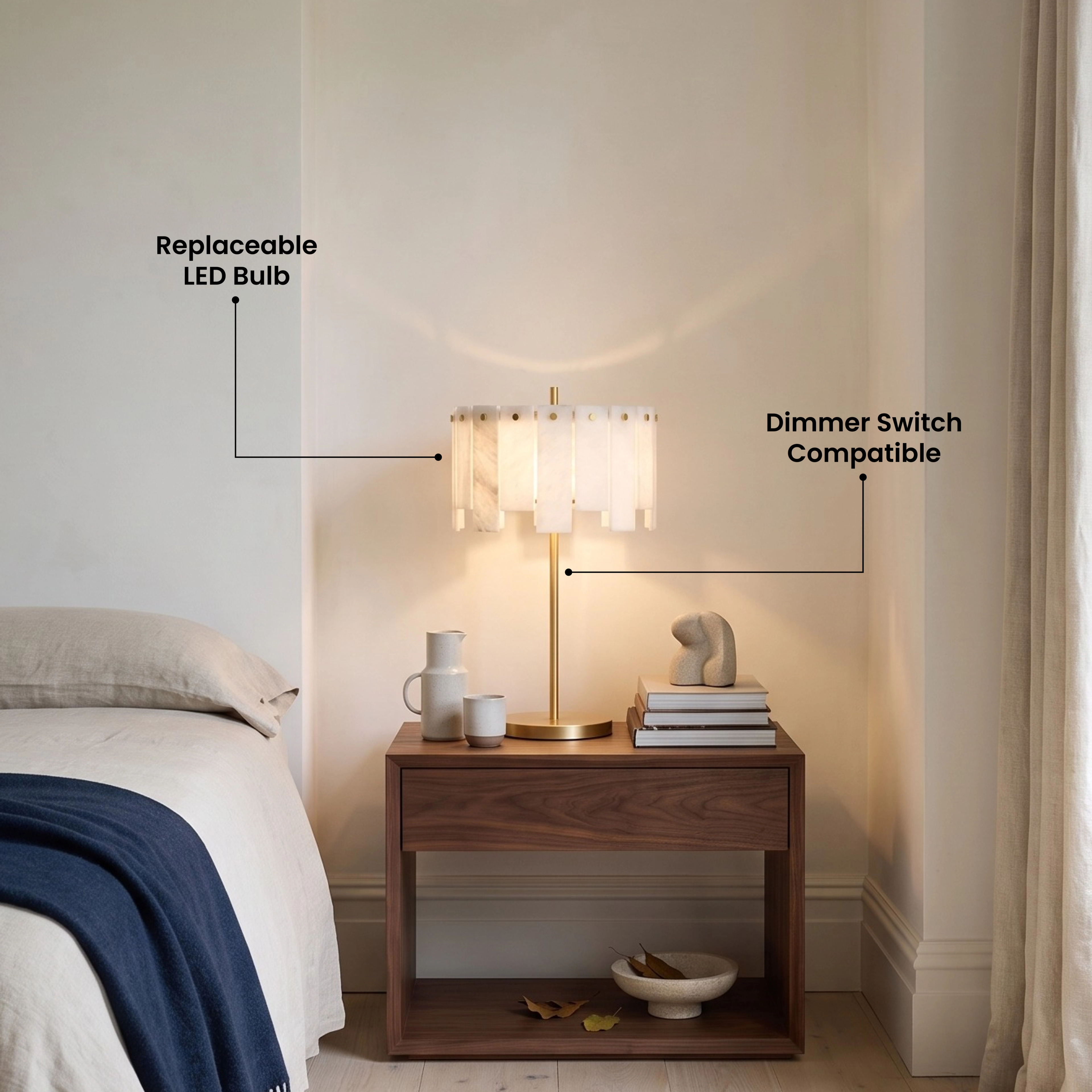 Velina Table Lamp gold base with panelled alabaster shade on a marble nightstand beside a bed